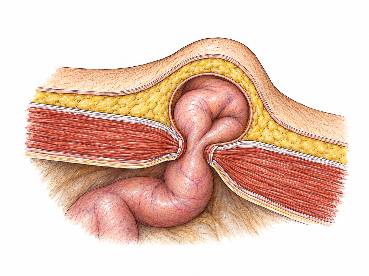 A single isolated anatomical cutaway of an abdominal wall shows a small loop of intestine protruding through a localized gap in the muscle layer, forming a bulge beneath intact skin.