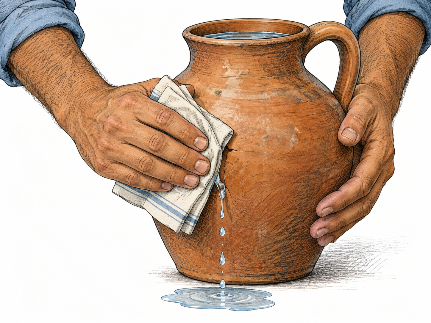 Two adult hands press a folded cloth against a small leak in a water-filled clay vessel so the water stream diminishes to drops; nonmedical liquid-flow sense, no blood.