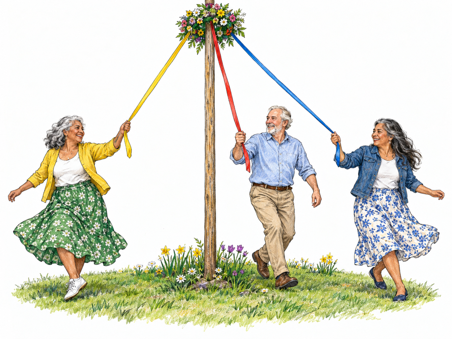 A tall maypole crowned with flowers and trailing colorful ribbons, with three adults holding the ribbons as they dance around its base on a small patch of spring grass.