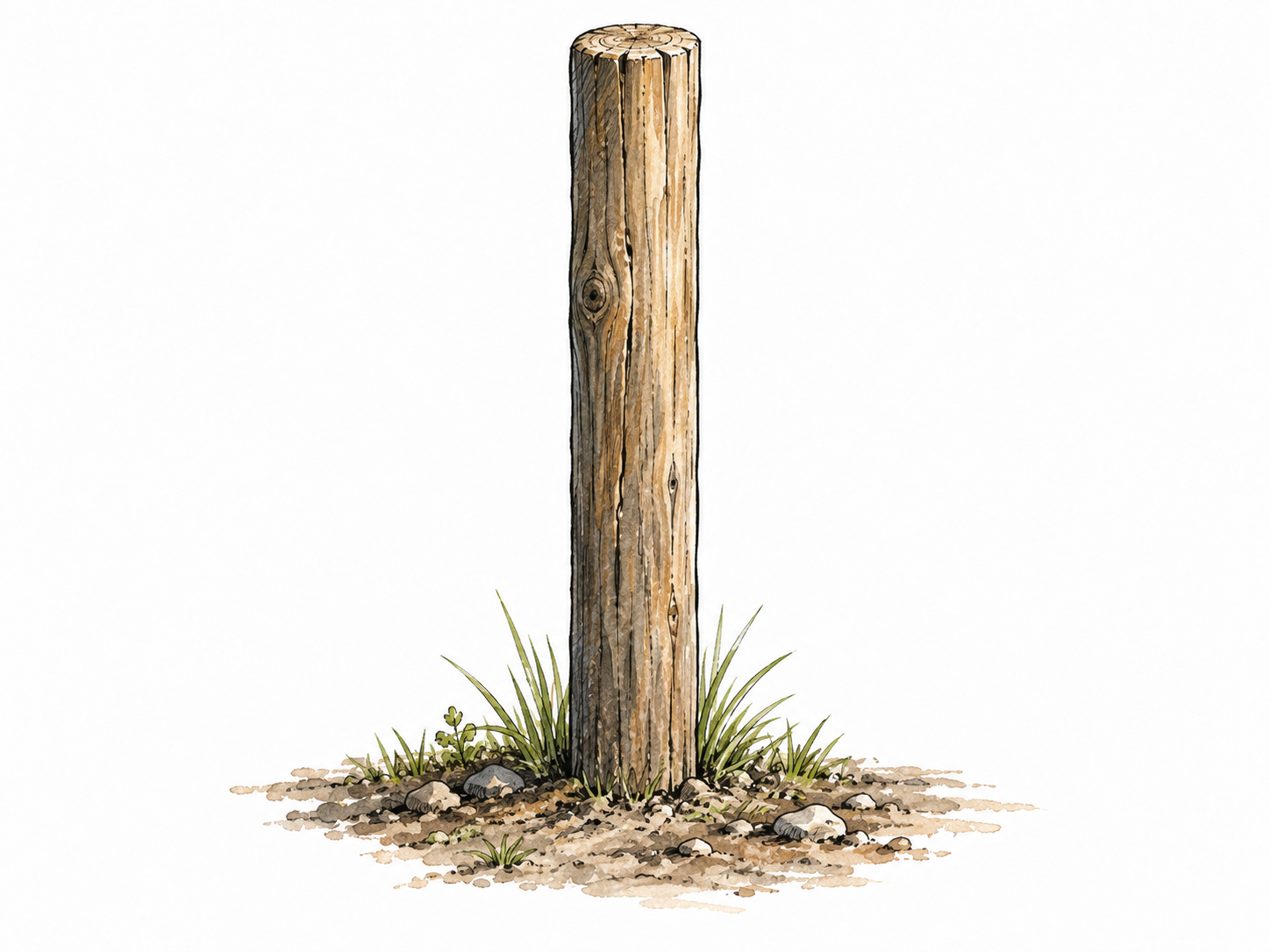 A straight vertical wooden post stands firmly upright in the ground.