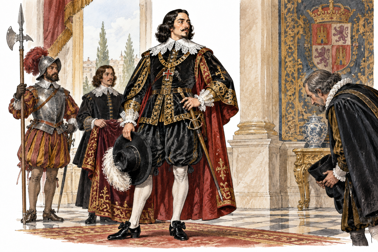 A high-ranking Spanish noble of the seventeenth century in restrained historically plausible court dress stands with attendants in a palace, status clear.