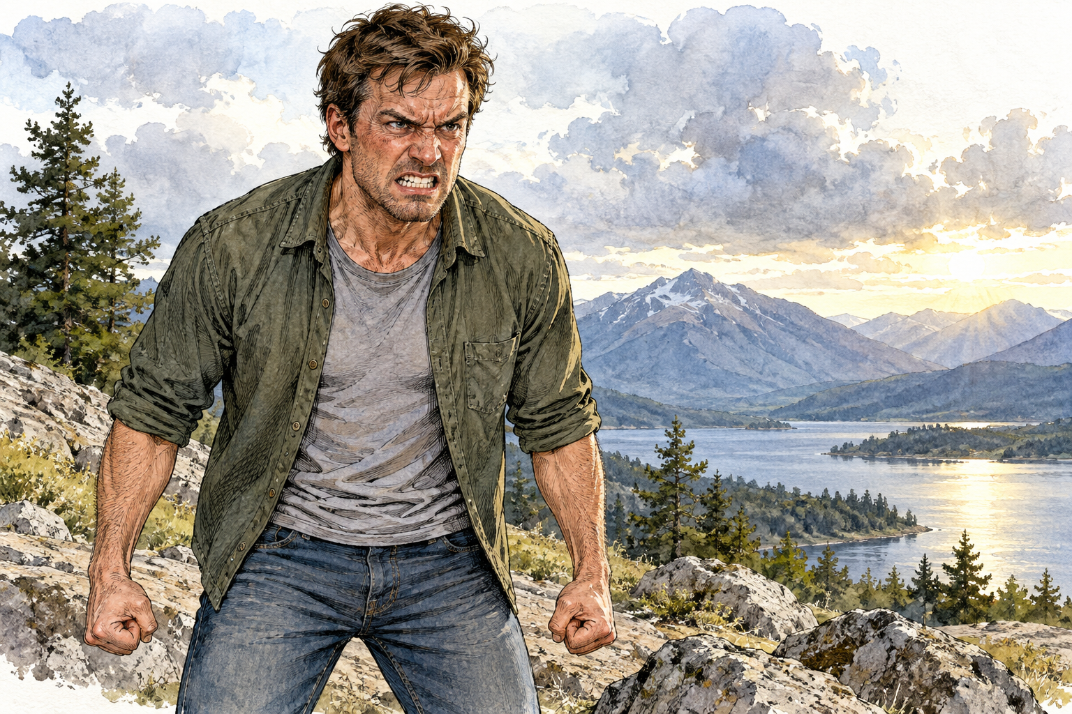 An adult's face expresses extreme anger with tense brow, clenched jaw and fists held at sides, dramatic natural light, no violence.