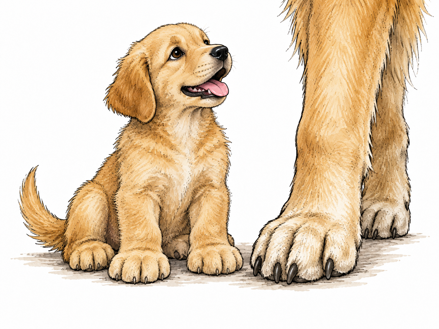 Small fluffy golden puppy with oversized paws sits beside an adult dog's much larger paw, playful young proportions.