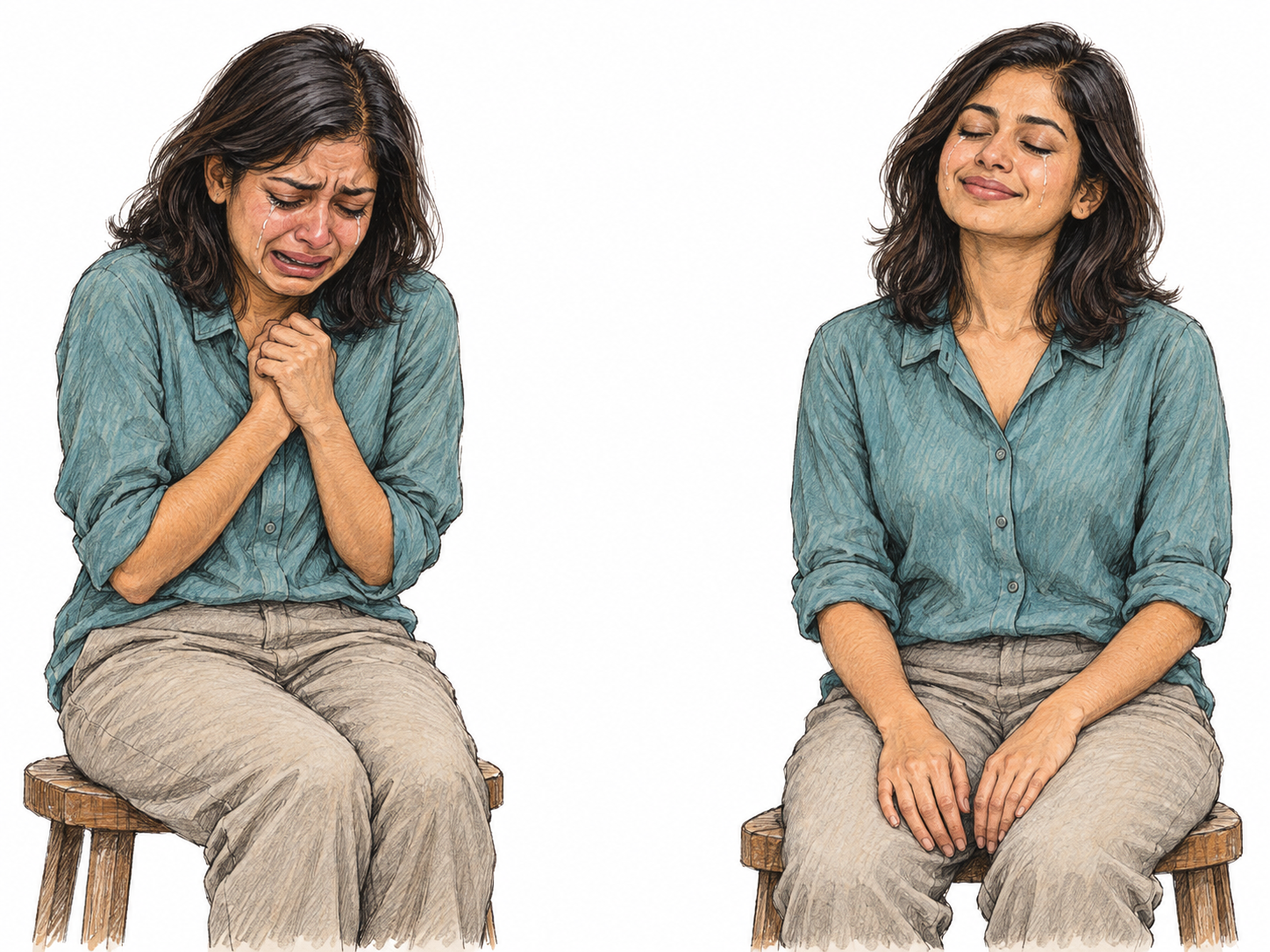 A text-free two-moment sequence of the same woman releasing emotion through tears, then visibly relaxing with a small relieved smile.