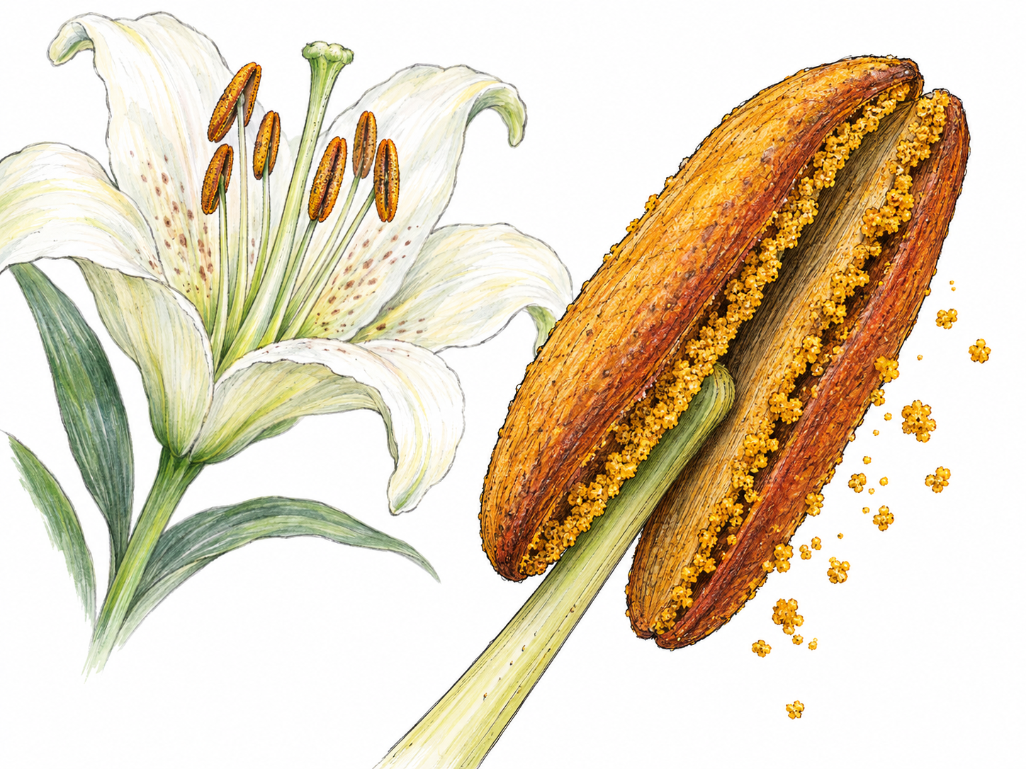 A close botanical view of a lily stamen, emphasizing its elongated, two-lobed anther with open pollen sacs and loose golden pollen grains, with a lightly rendered lily bloom behind it for context.