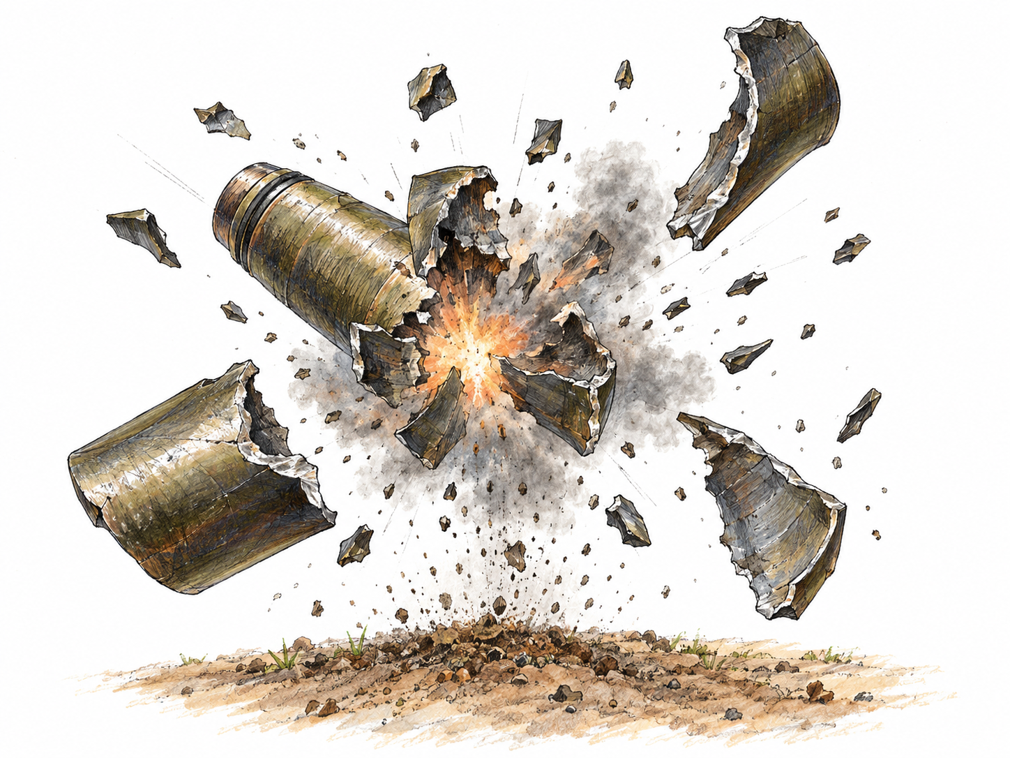 An exploding artillery shell scatters jagged metal casing fragments outward, with large, clearly metallic shards emphasized in the foreground.