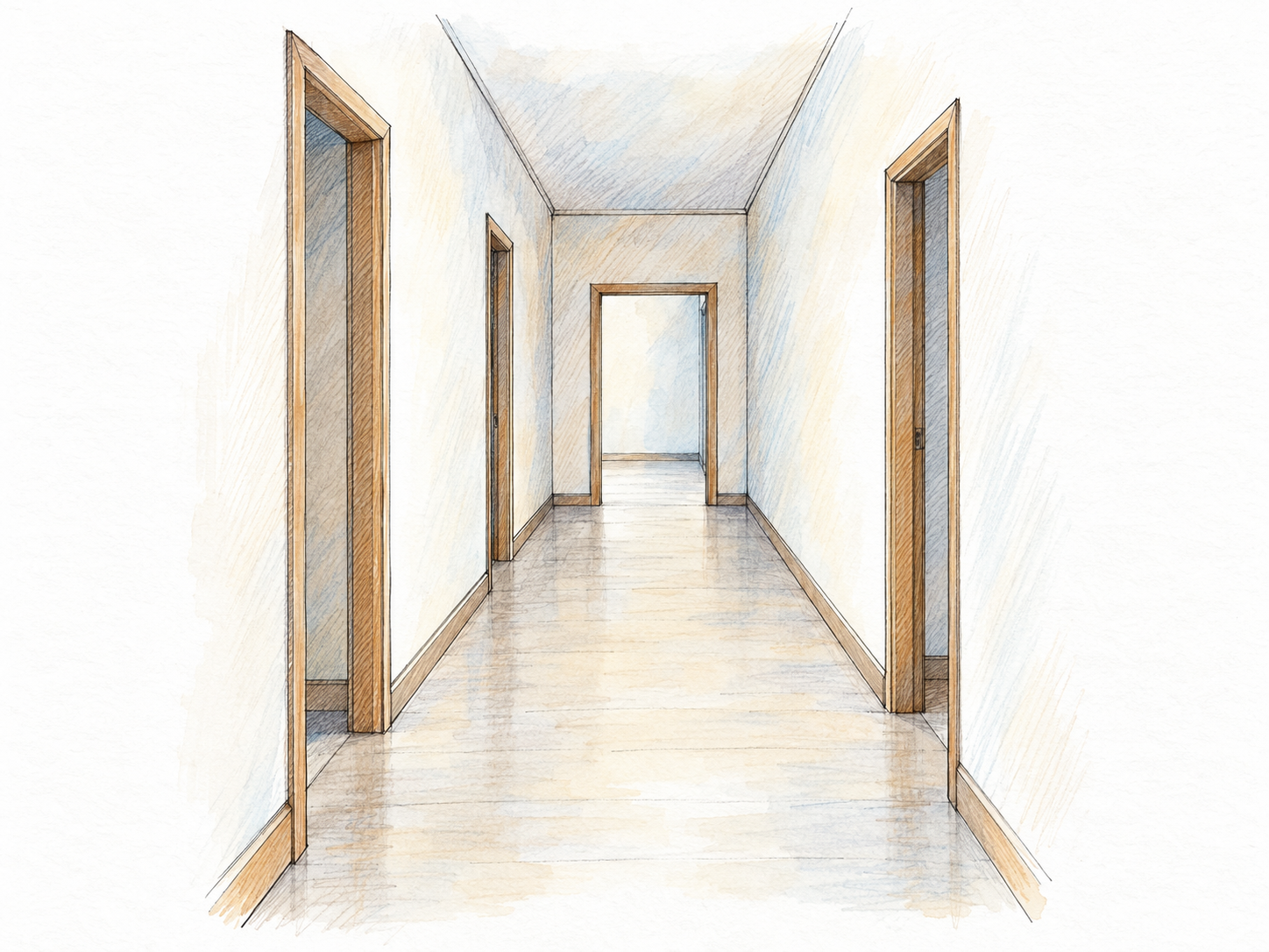 An unoccupied building corridor with a continuous floor, several open doorways along its sides, and a doorway at the far end, making the connecting passage immediately clear.
