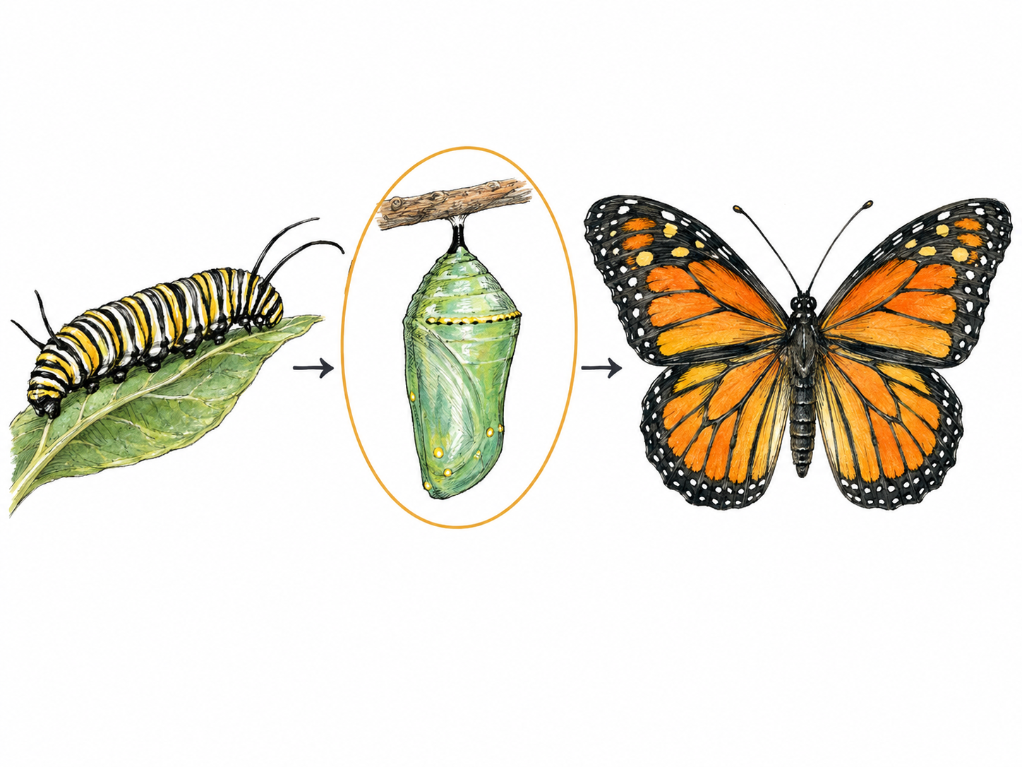 A butterfly’s development shown as three linked stages—caterpillar, chrysalis, and adult—with the chrysalis visually singled out as one distinct phase of the process.