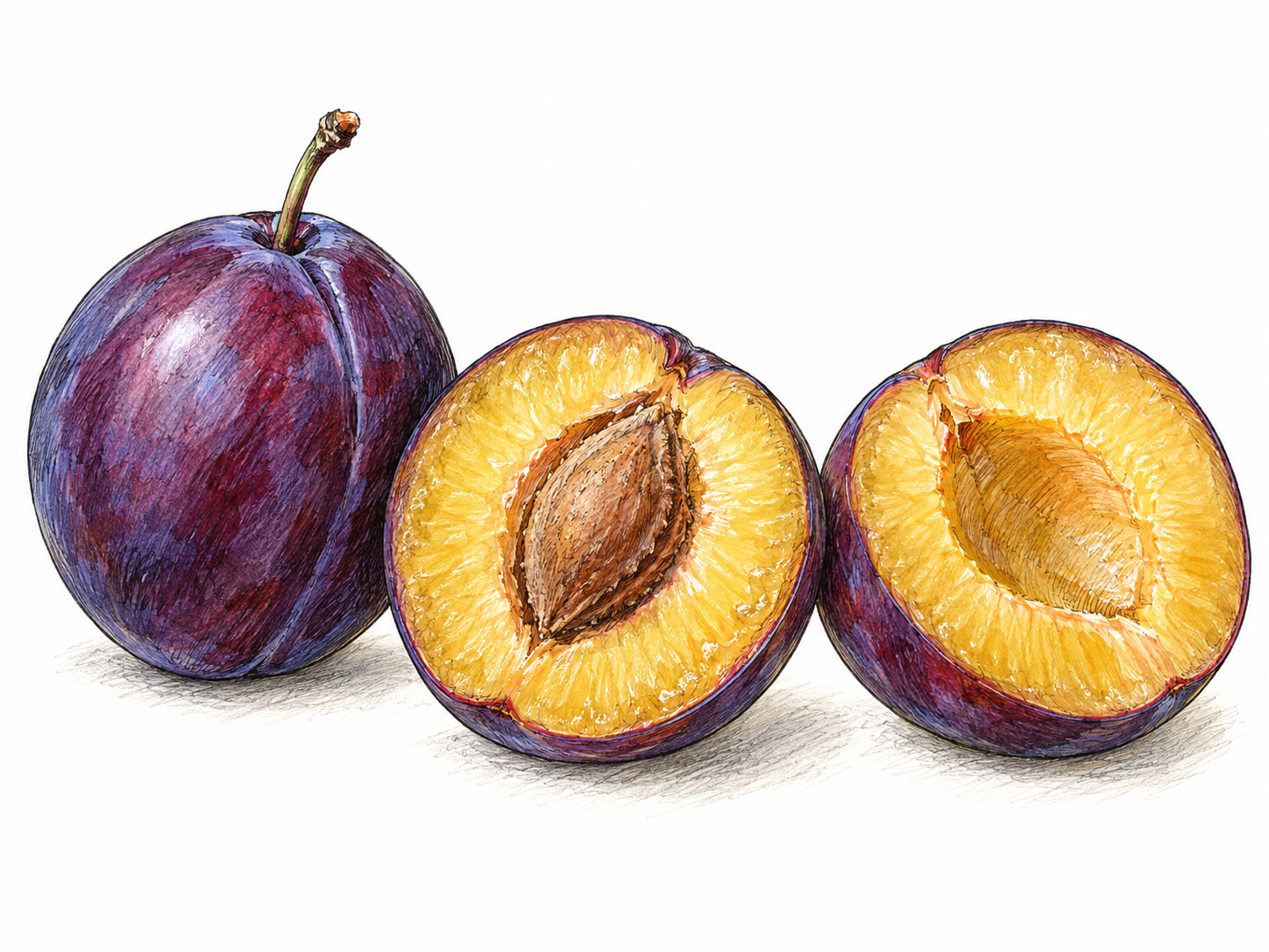 A whole ripe purple plum beside two freshly cut halves, one retaining its single stone, showing smooth skin and juicy golden flesh.