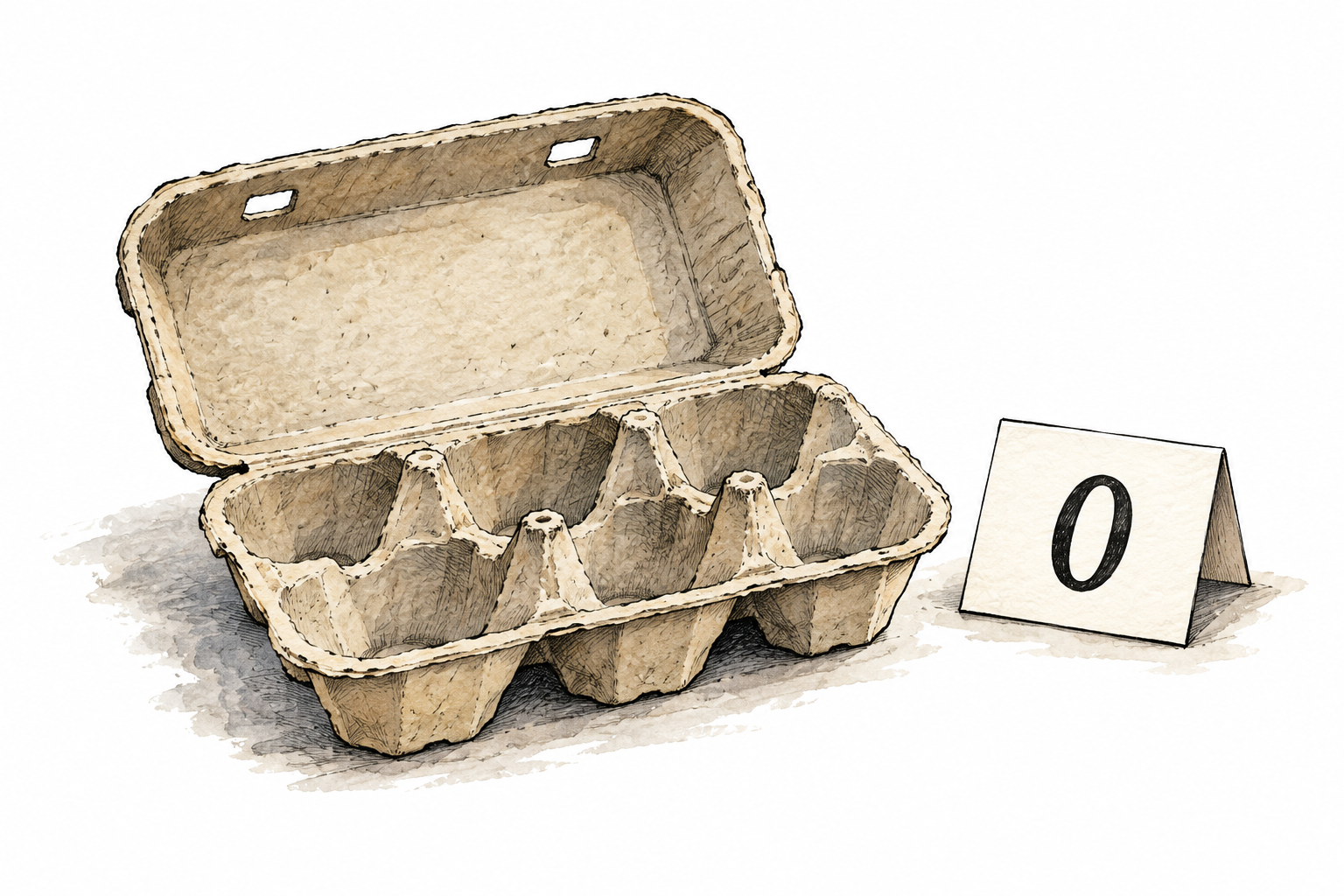 Completely empty open egg carton beside one small card reading only '0', clearly no amount, no other words.