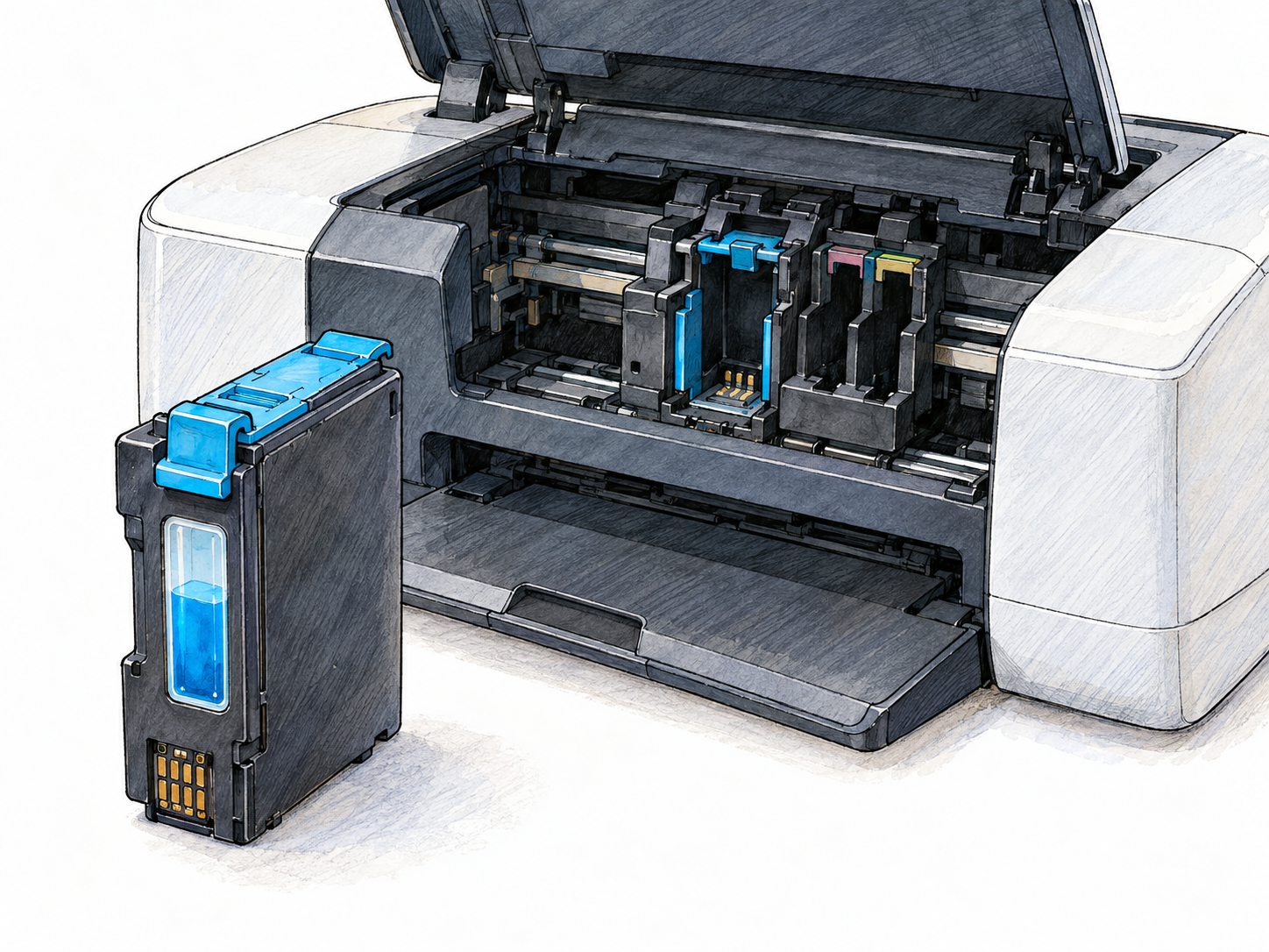 A replaceable ink cartridge beside an open desktop printer, with its matching empty cartridge bay plainly visible.