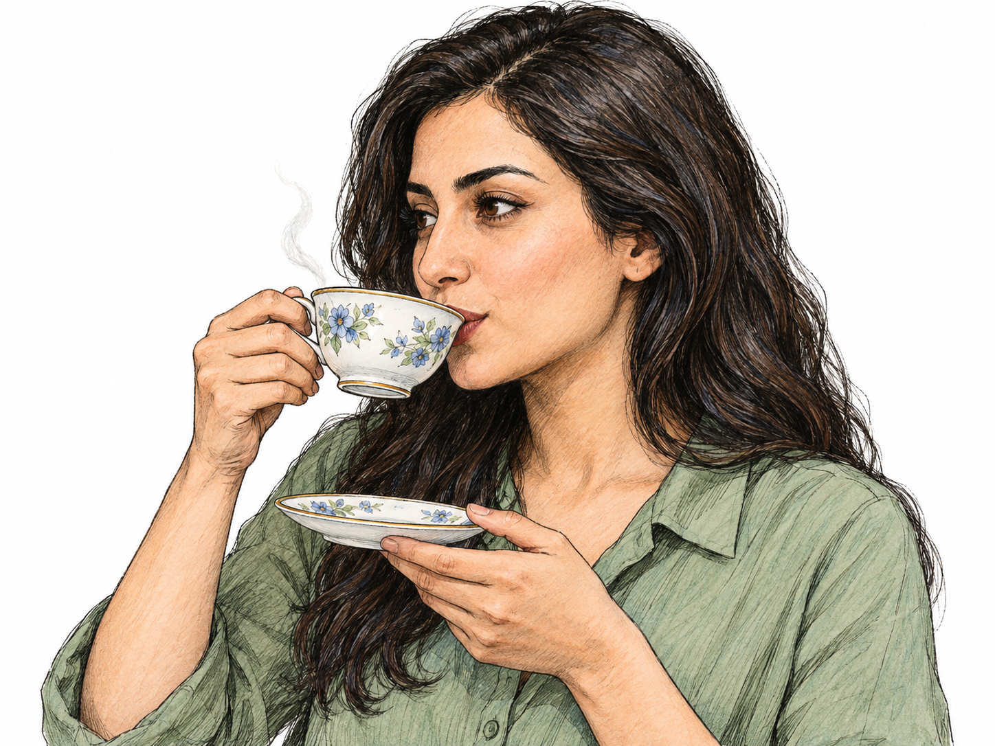 A relaxed young woman takes a delicate sip from a small teacup, its rim barely tilted against her gently pursed lips.