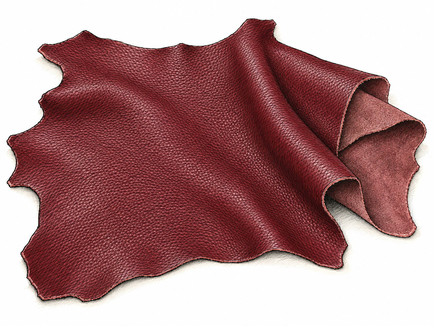 A supple, finely grained dyed goatskin leather hide loosely folded to reveal its thin edge, soft drape, finished grain and suede underside.
