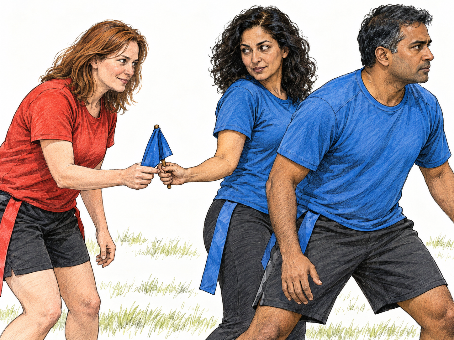 During a team flag game, a blue-team member secretly hands her own team's flag to a red-team opponent behind the back of her unsuspecting teammate.