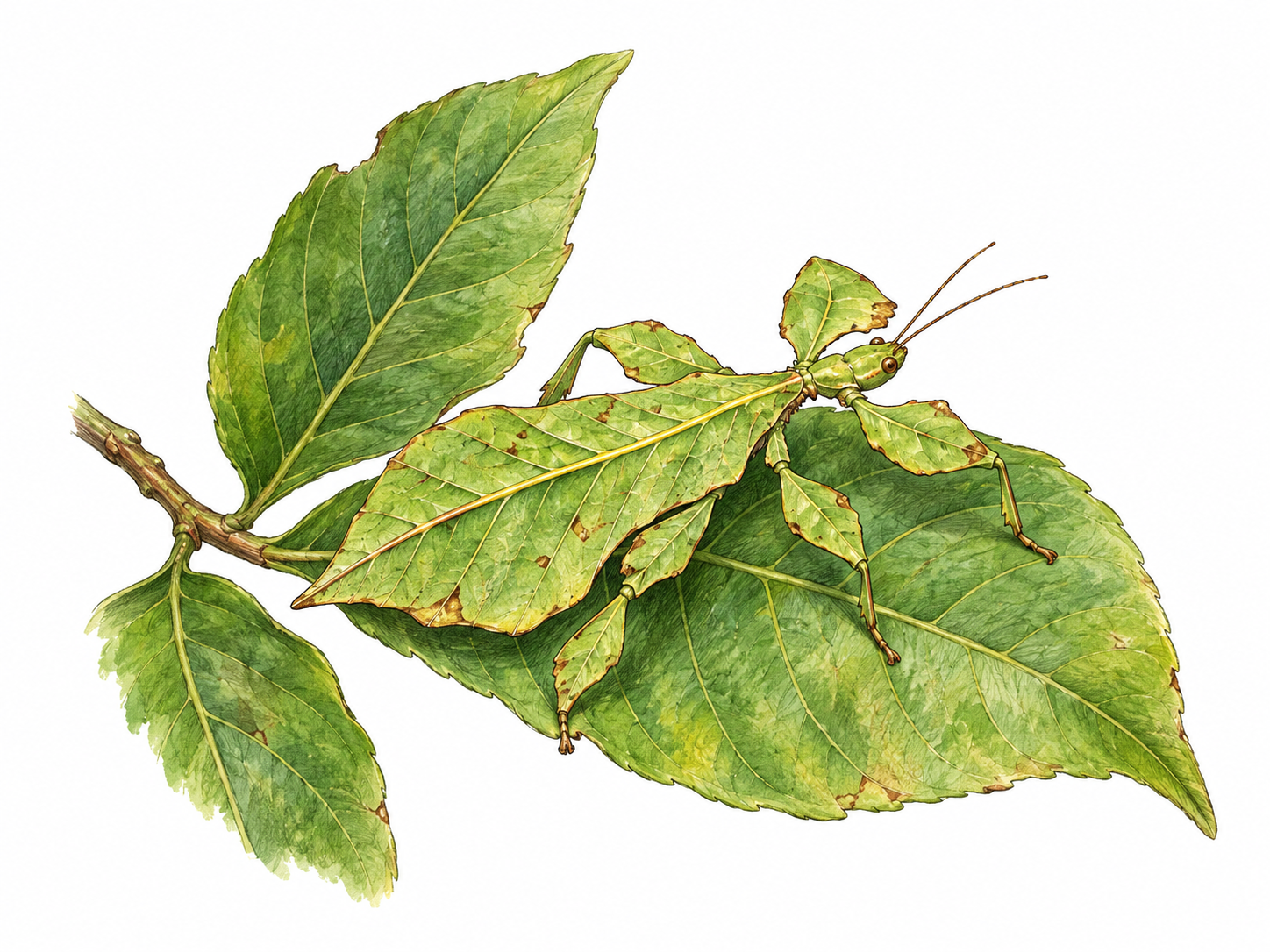 A harmless leaf insect rests beside leaves whose shape and green color it closely imitates, visible legs reveal animal; direct natural mimicry example, no labels.