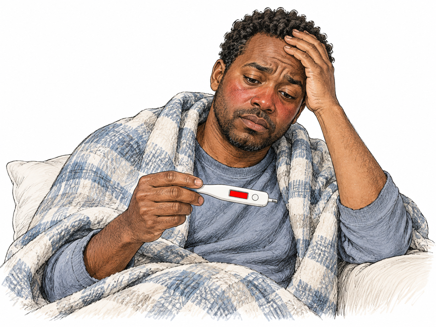 An adult with flushed cheeks rests while holding a digital thermometer whose display is a simple high red indicator rather than a treatment recommendation; fever-associated state, no diagnostic claim.