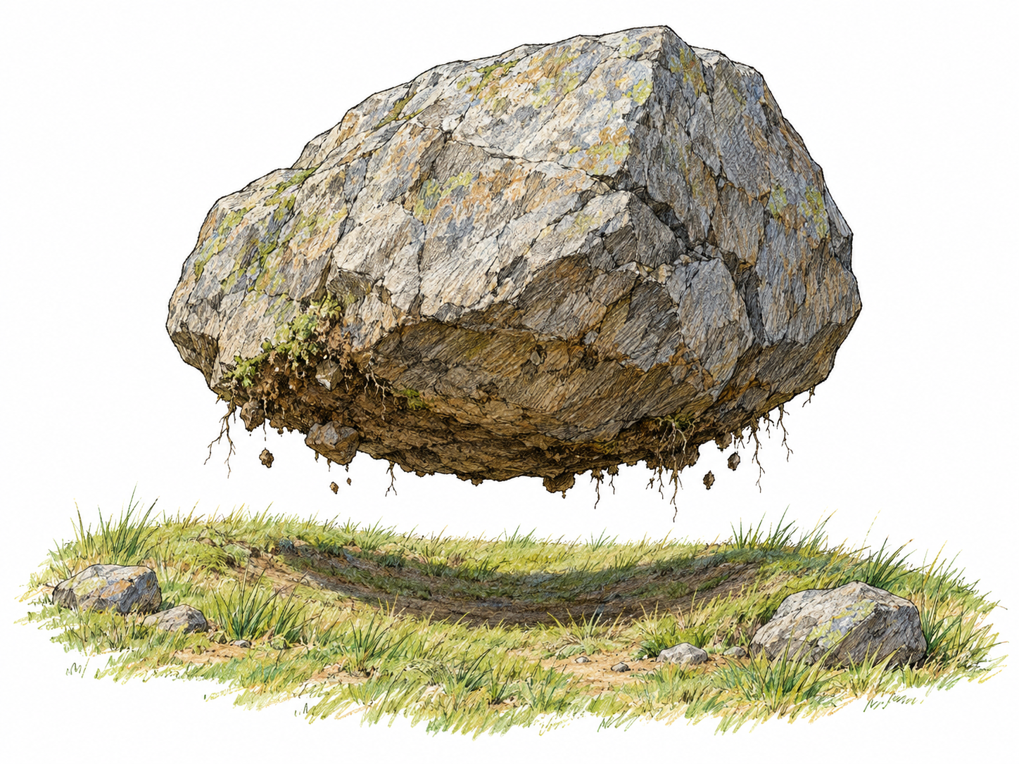 A massive earth-crusted boulder hangs unsupported above a grassy hollow, with a broad, unmistakable air gap and its shadow directly beneath it—an ordinary natural object behaving impossibly.