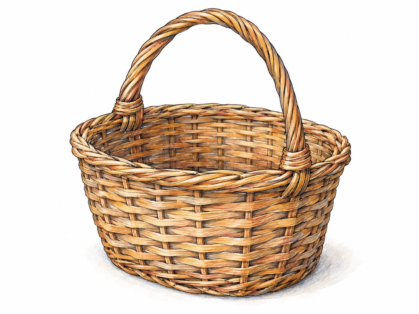 A single woven wicker basket with an arched carrying handle, shown at a three-quarter angle so its open interior and interlaced construction are clearly visible.