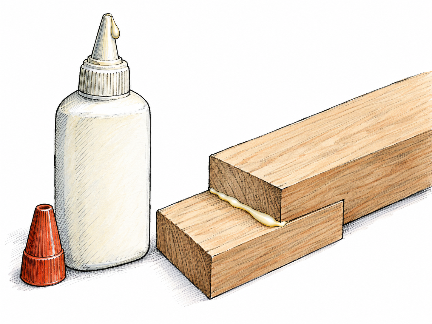 An open glue bottle beside two small wooden strips bonded in an overlapping joint, with a visible bead of the same creamy adhesive squeezed out along the seam.