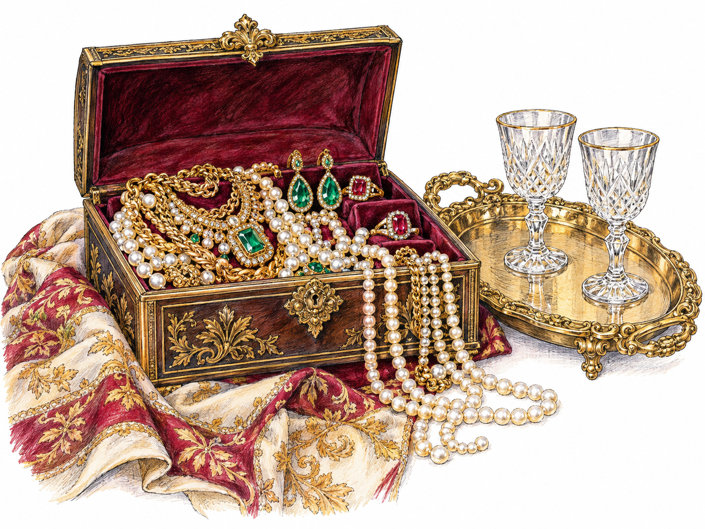 A close, isolated still life of lavish possessions: an open velvet-lined jewelry casket overflowing with gold necklaces, pearls and gemstone jewelry, beside an ornate gold serving tray and two fine crystal goblets on a small fold of richly embroidered silk.