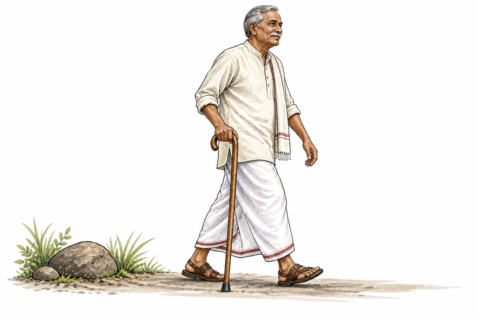 A wooden walking cane with curved handle supports an older South Asian adult walking steadily.