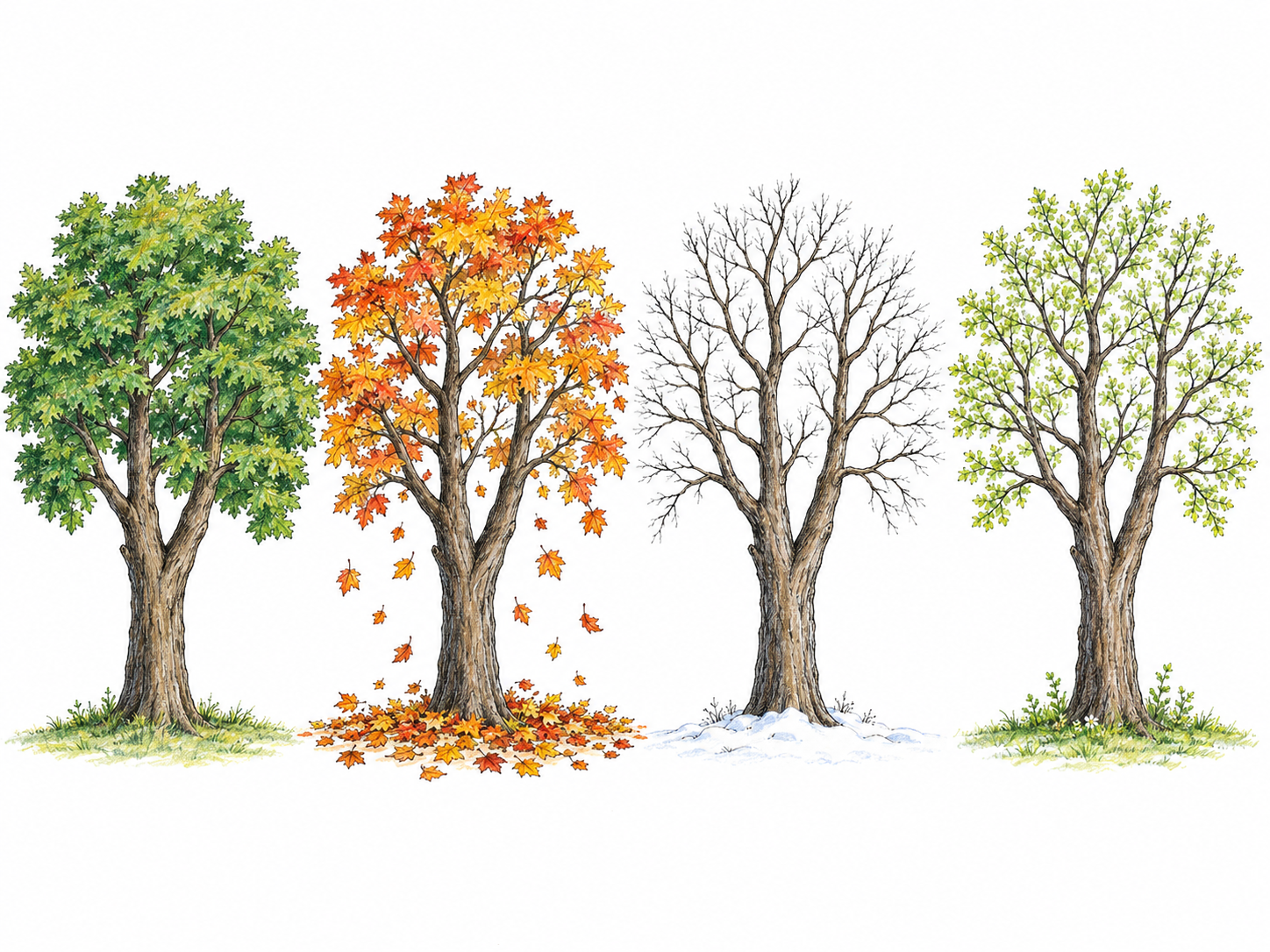 A text-free seasonal sequence of the same deciduous maple: full green summer canopy, autumn leaves visibly falling, bare winter branches, and fresh spring growth.