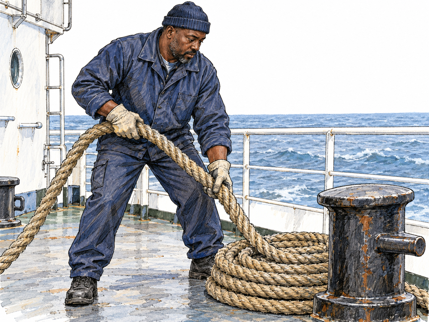 A working sailor on an oceangoing vessel hauls a mooring line into a neat coil on deck, with the ship’s rail and open sea clearly visible.