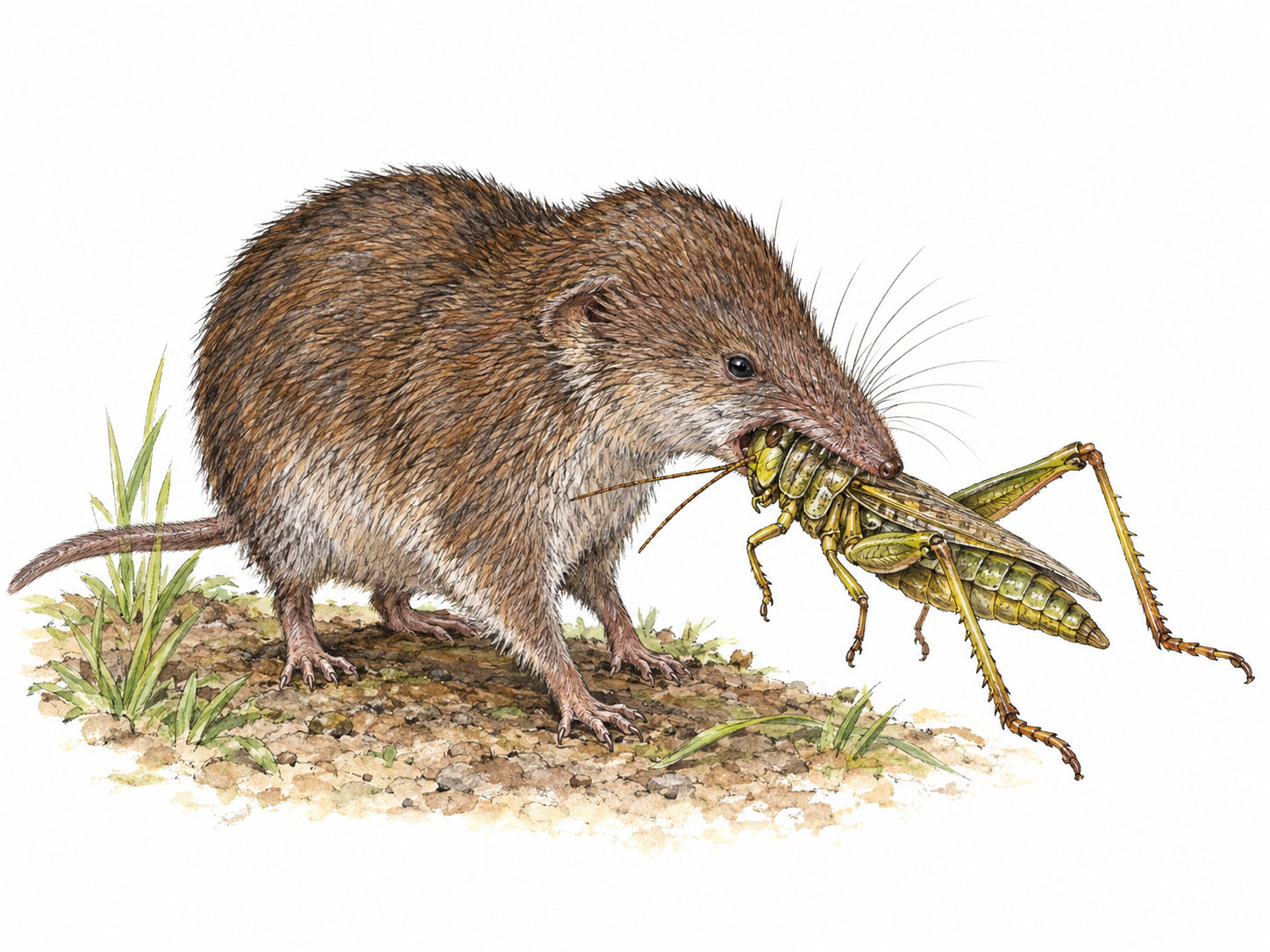 A shrew eating a grasshopper, with the insect visibly gripped in its jaws, makes insect-eating concrete without requiring people or text.