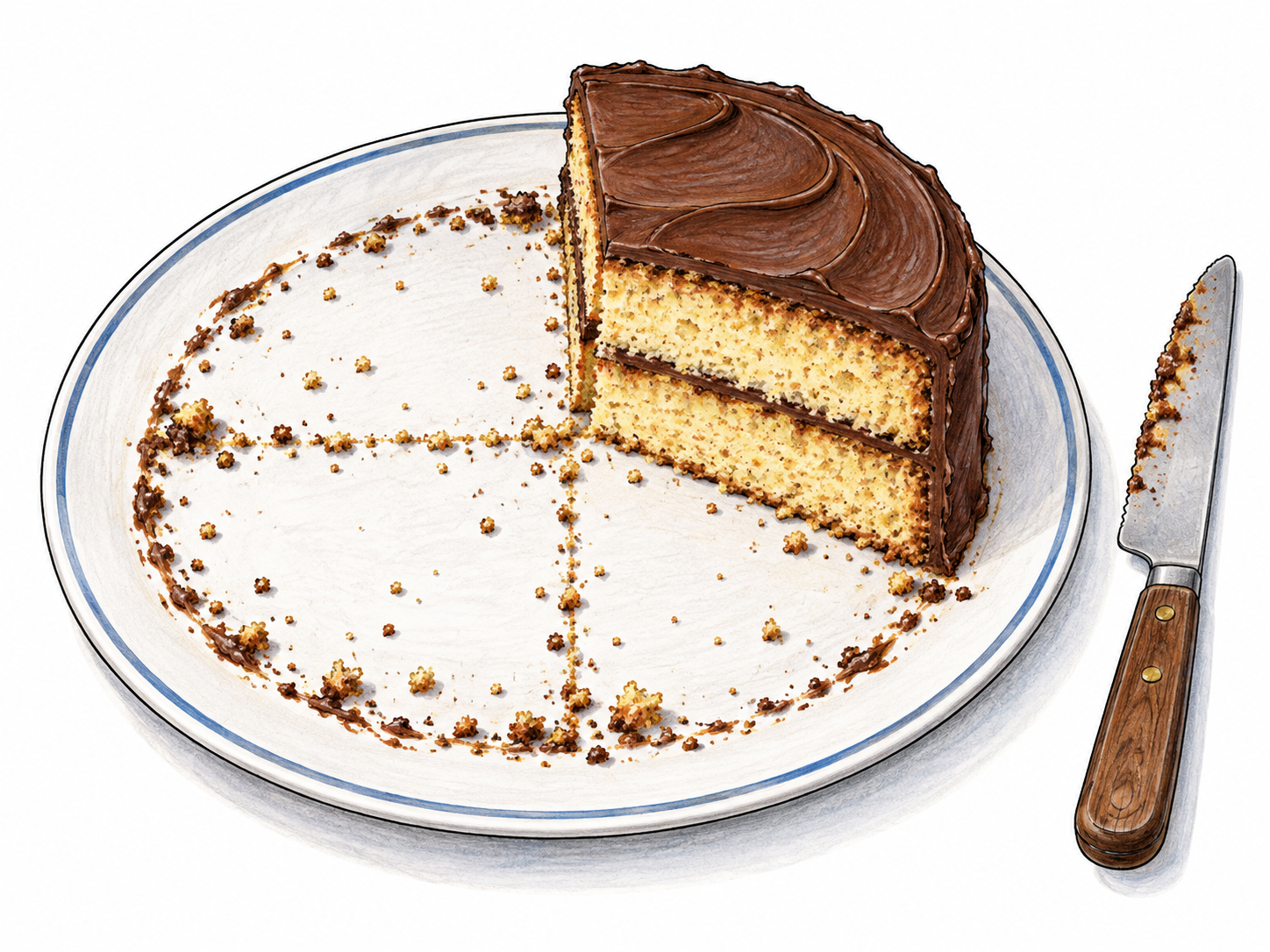Round cake with three quarters removed, single quarter wedge remains on serving plate with visible crumb outline where rest was cut; knife aside, white ground.