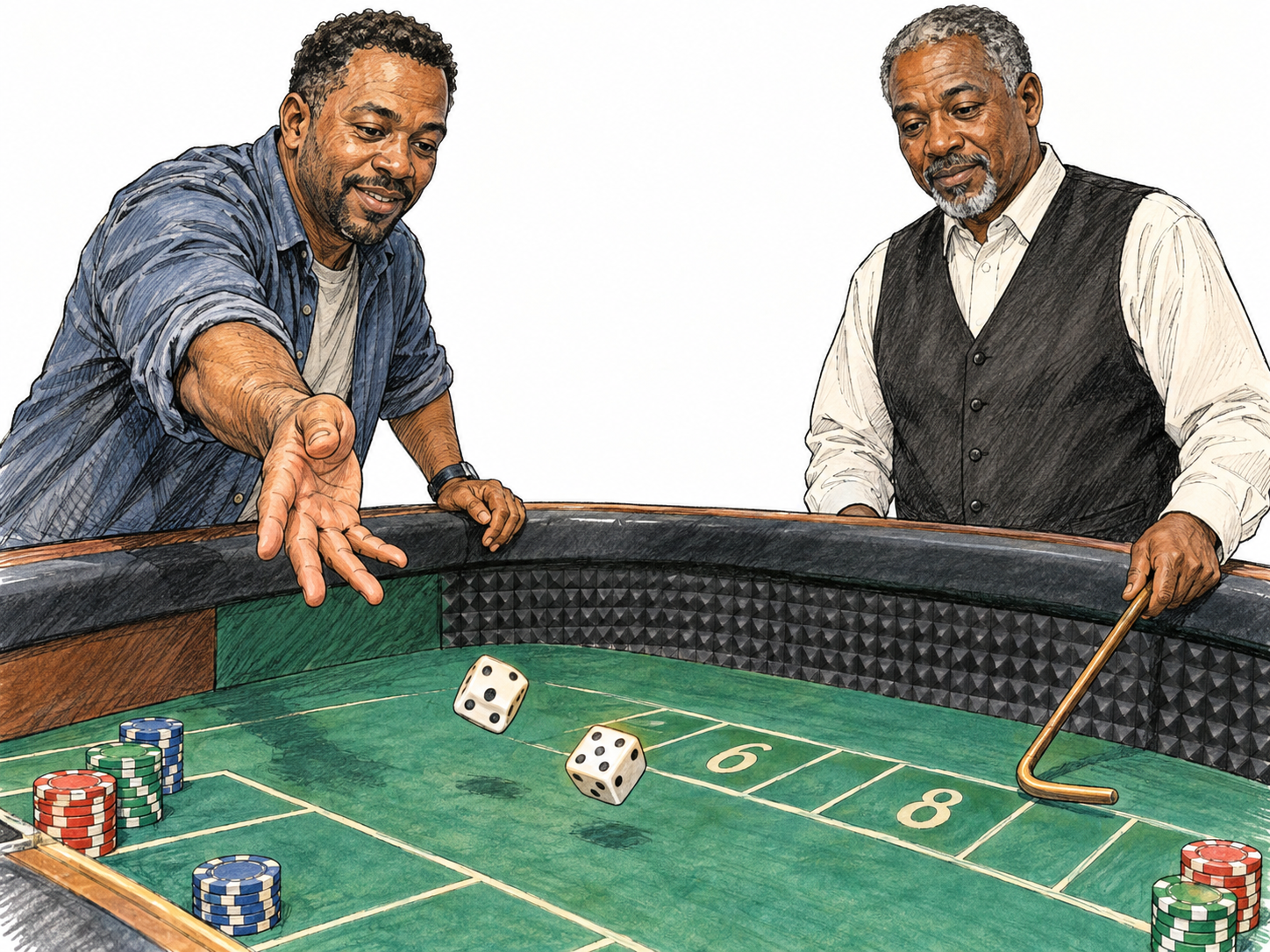 A player rolls exactly two dice across a recognizable casino craps table, with wager chips in betting boxes and a dealer holding the characteristic hooked dice stick.
