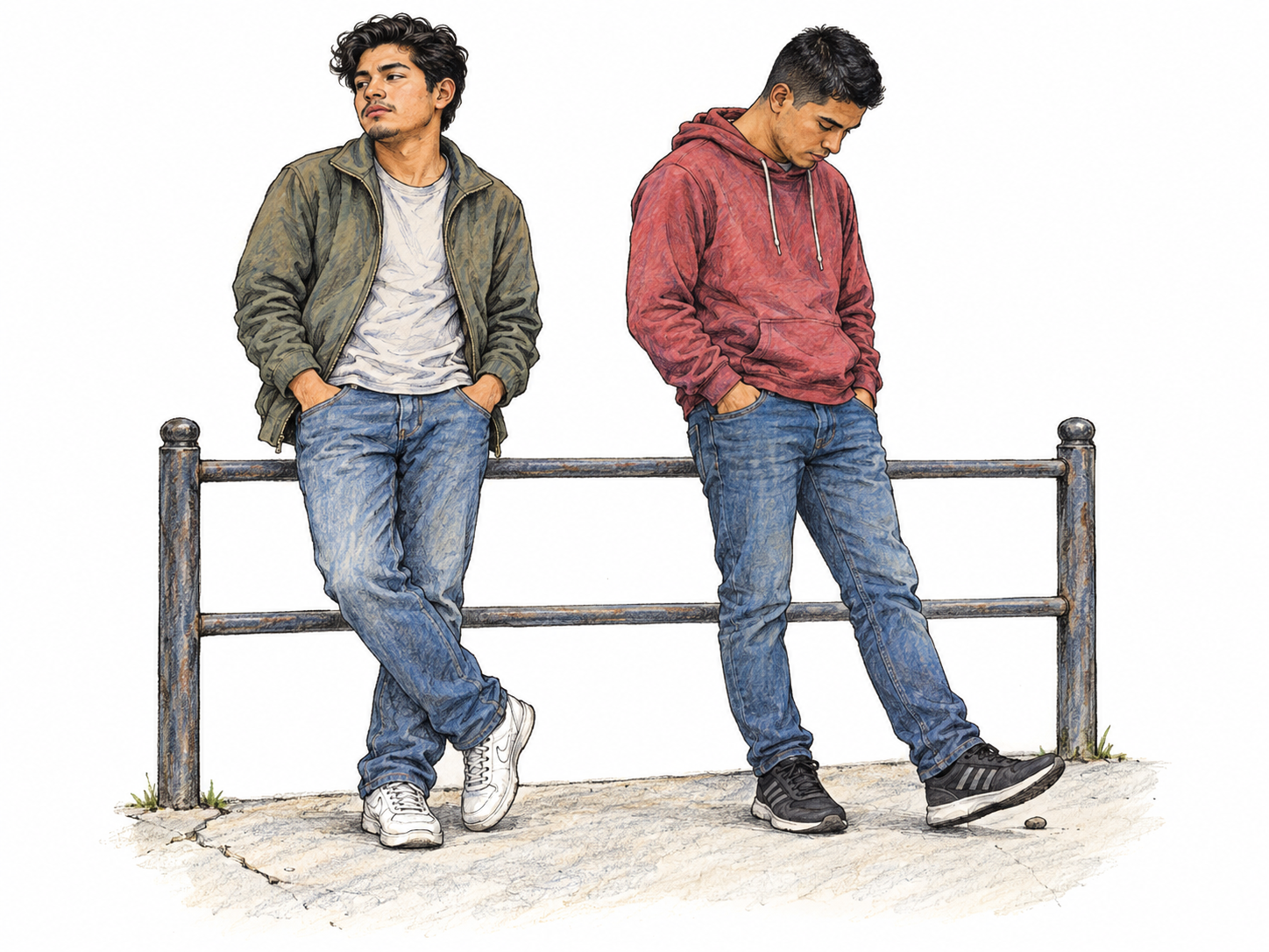 Two young men hang around a low street-side railing, one slouched against it and the other idly nudging a loose pebble with his shoe.