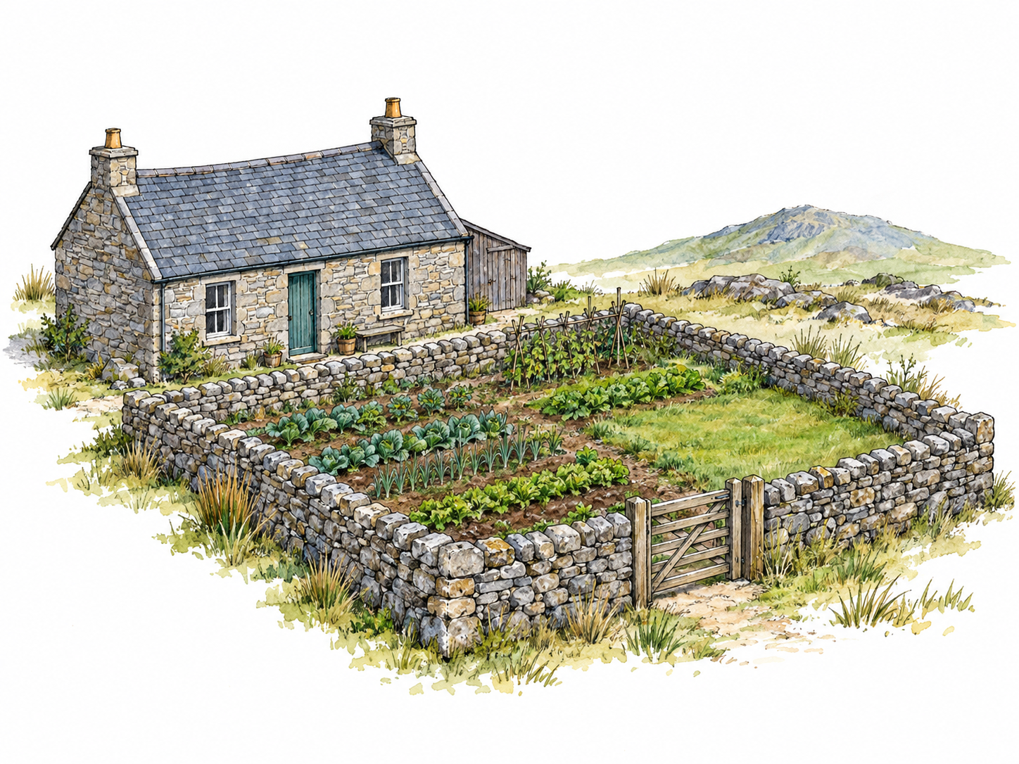 A modest Scottish stone cottage beside a small cultivated field enclosed by a dry-stone wall, with the whole compact holding visible.