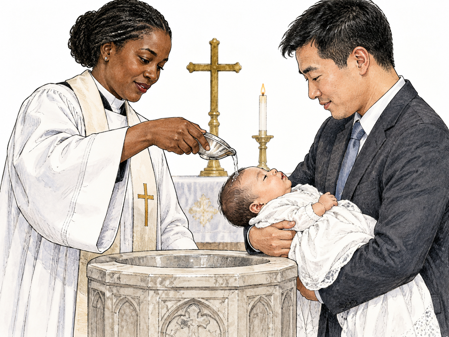 Christian baptism scene: minister pours a small amount of water over infant's forehead above baptismal font while parent securely supports baby; sacred rite, calm safe anatomy.