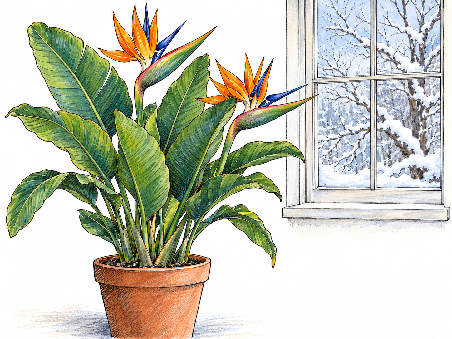 A striking tropical bird-of-paradise plant flowering indoors beside a window overlooking a snowy temperate garden; its vivid, unfamiliar-looking blooms contrast with the bare local vegetation.