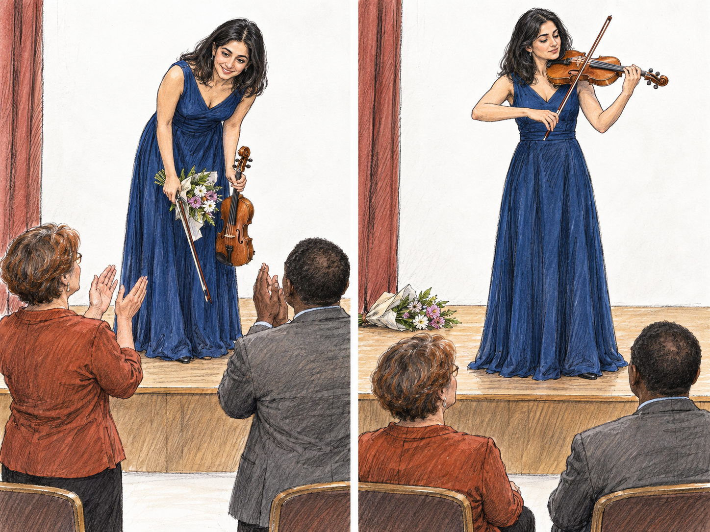 A compact two-moment concert sequence: a violinist takes her closing bow with a bouquet while the audience applauds standing; she then plays again, with the bouquet now resting beside her and the same audience seated and listening.