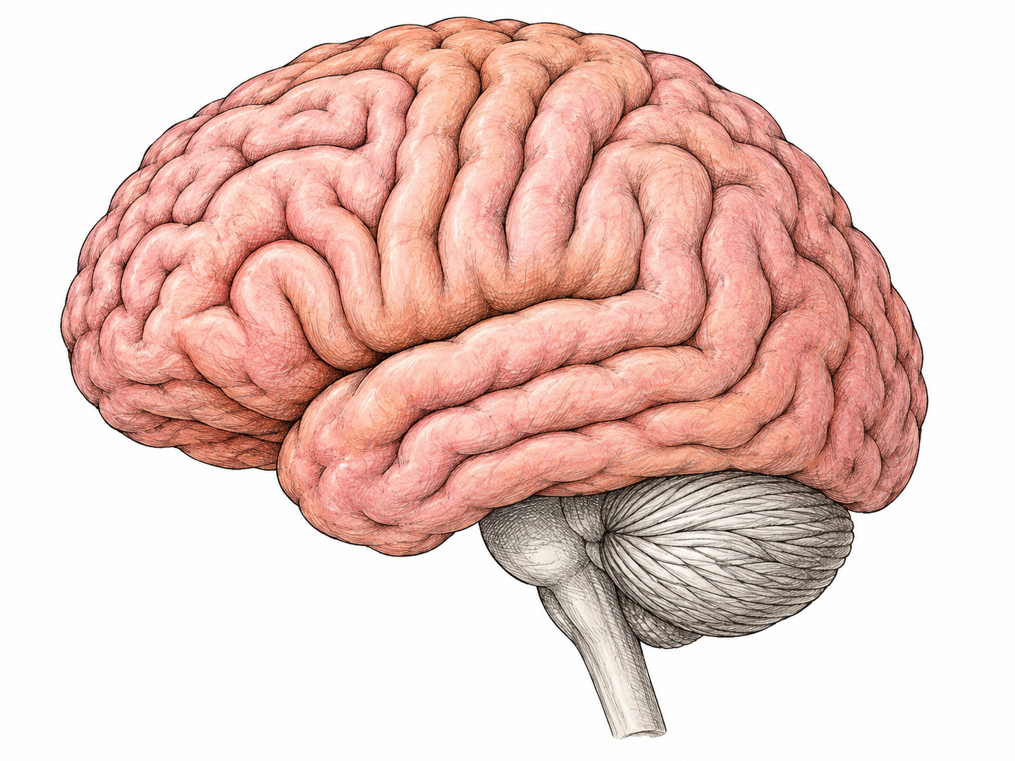 An anatomically plausible lateral human brain shows the LARGE upper cerebral hemisphere in natural pink and emphasizes its folded surface, while the small posterior-inferior cerebellum and short brainstem are pale gray; no labels/arrows, non-gory, distinguish cerebrum from cerebellum.