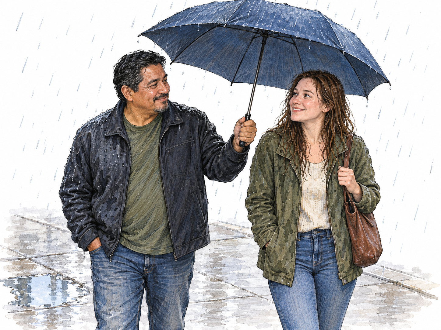 A friendly stranger shares his umbrella with a rain-soaked woman, visibly extending shelter toward her while accepting a wet shoulder himself.