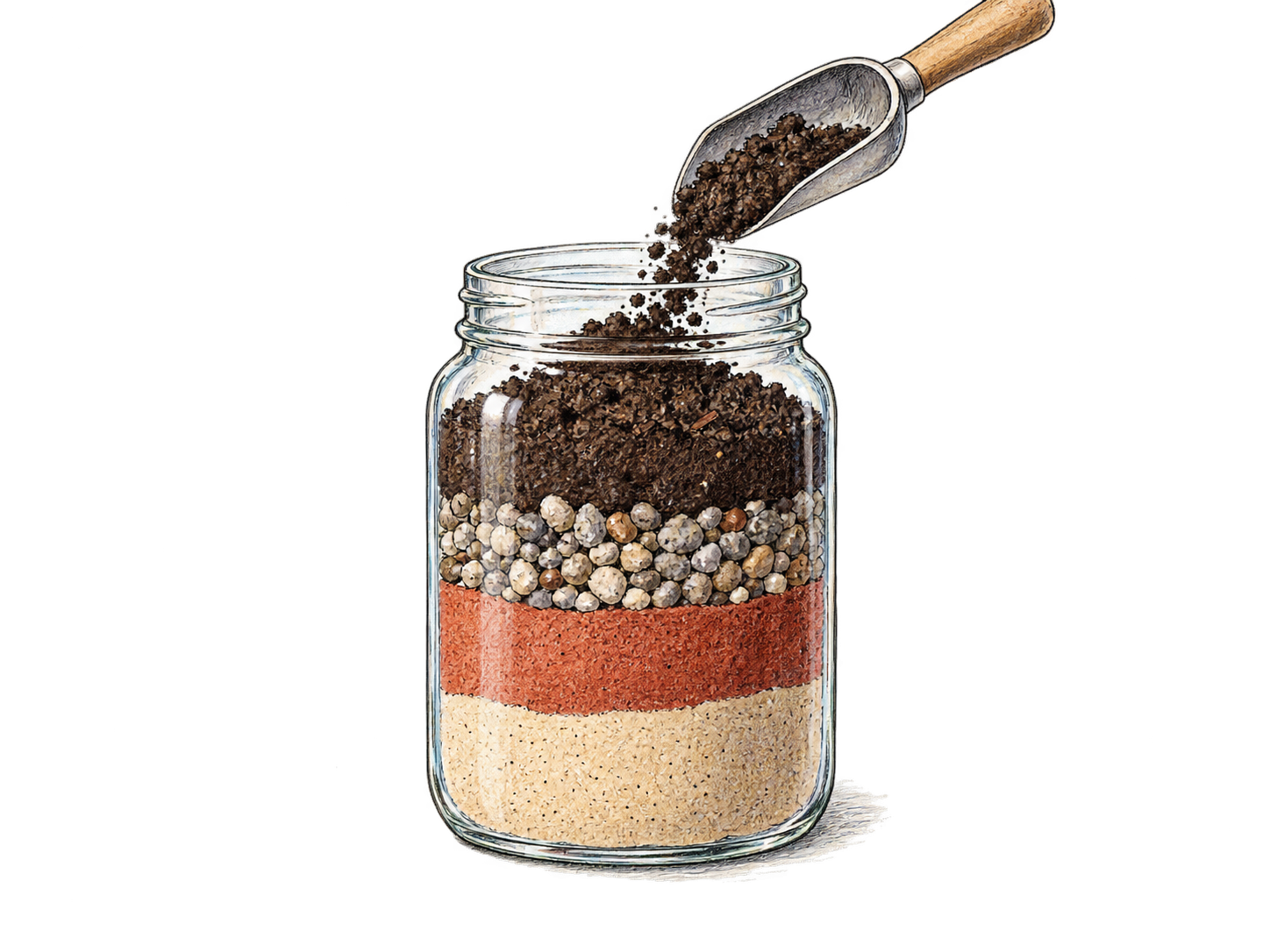 A clear glass jar contains four distinct horizontal layers of pale sand, red sand, fine gravel and dark soil, with a little scoop adding the top layer.