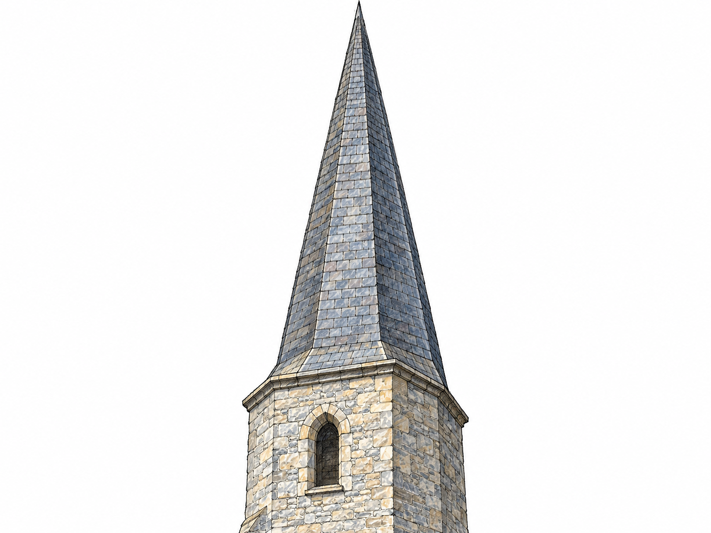 A masonry tower topped by a tall, slender, sharply pointed slate spire, with the tower-to-spire connection clearly visible.