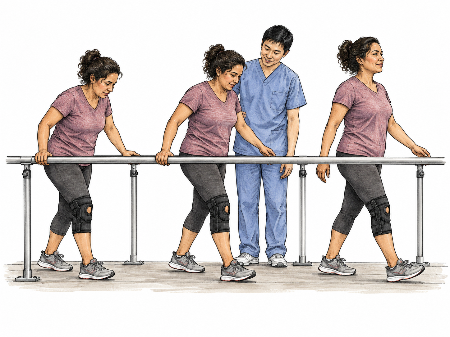 A small sequence within one continuous scene shows adult taking supported then steadier steps along rehabilitation rail, recovery process, same recurring character.