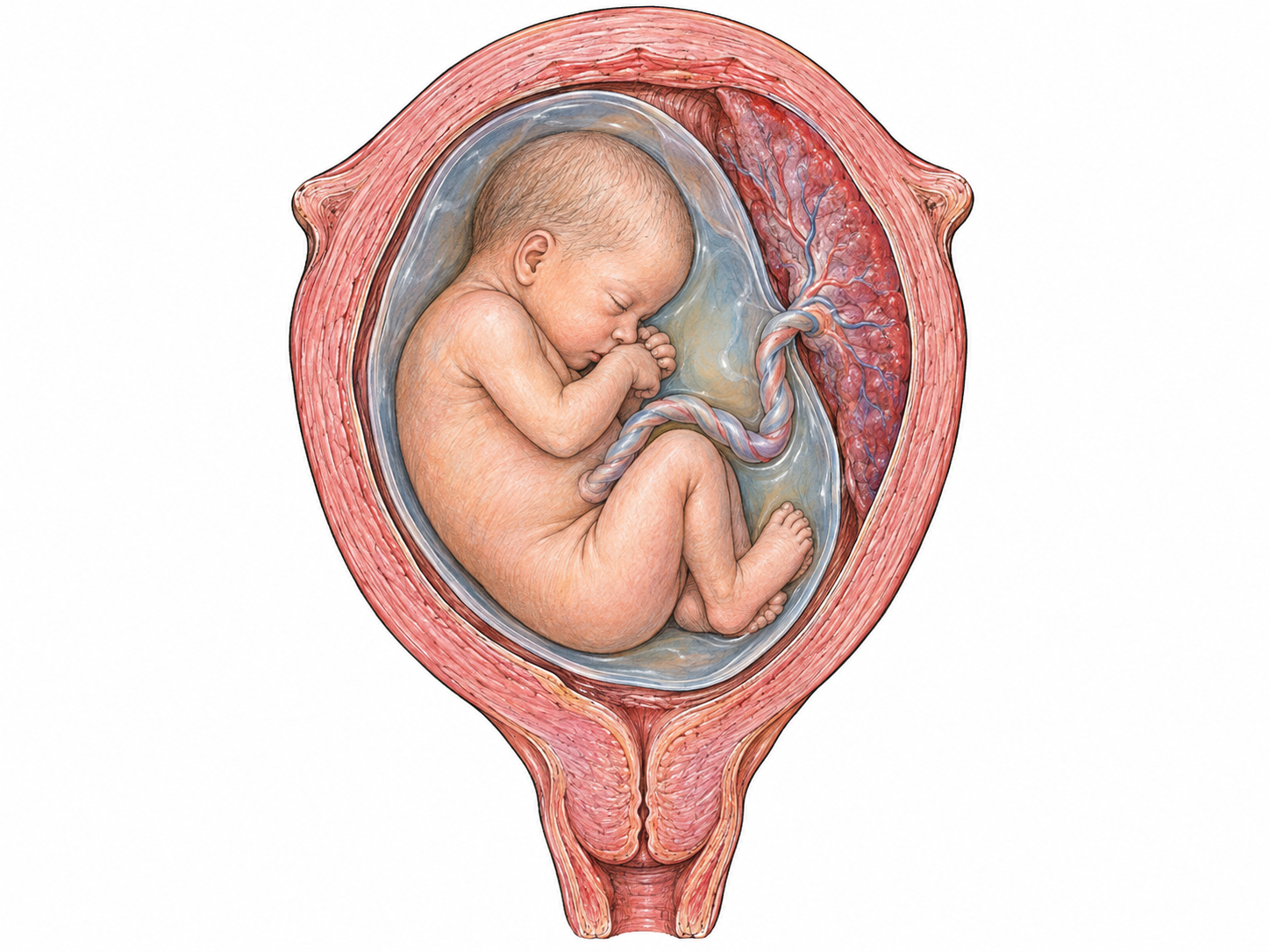 An isolated anatomical cutaway of a pregnant human uterus, clearly showing a curled fetus enclosed within the uterine wall and amniotic sac, with its umbilical cord attached to the placenta.