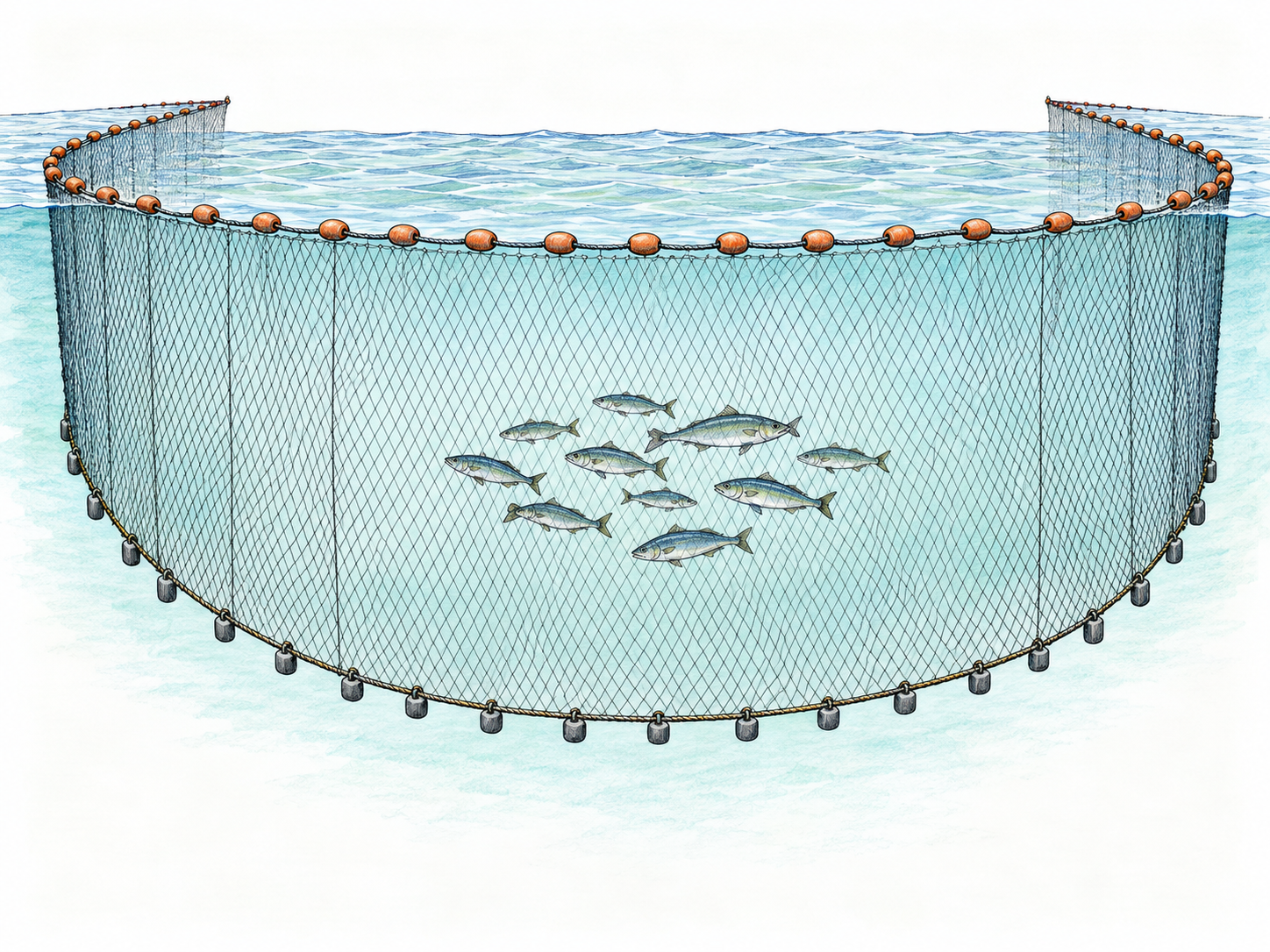 An above-and-below-water view of a large seine net: floats support its upper rope at the surface while a weighted lower rope holds the mesh vertically underwater, curving around a small school of fish.
