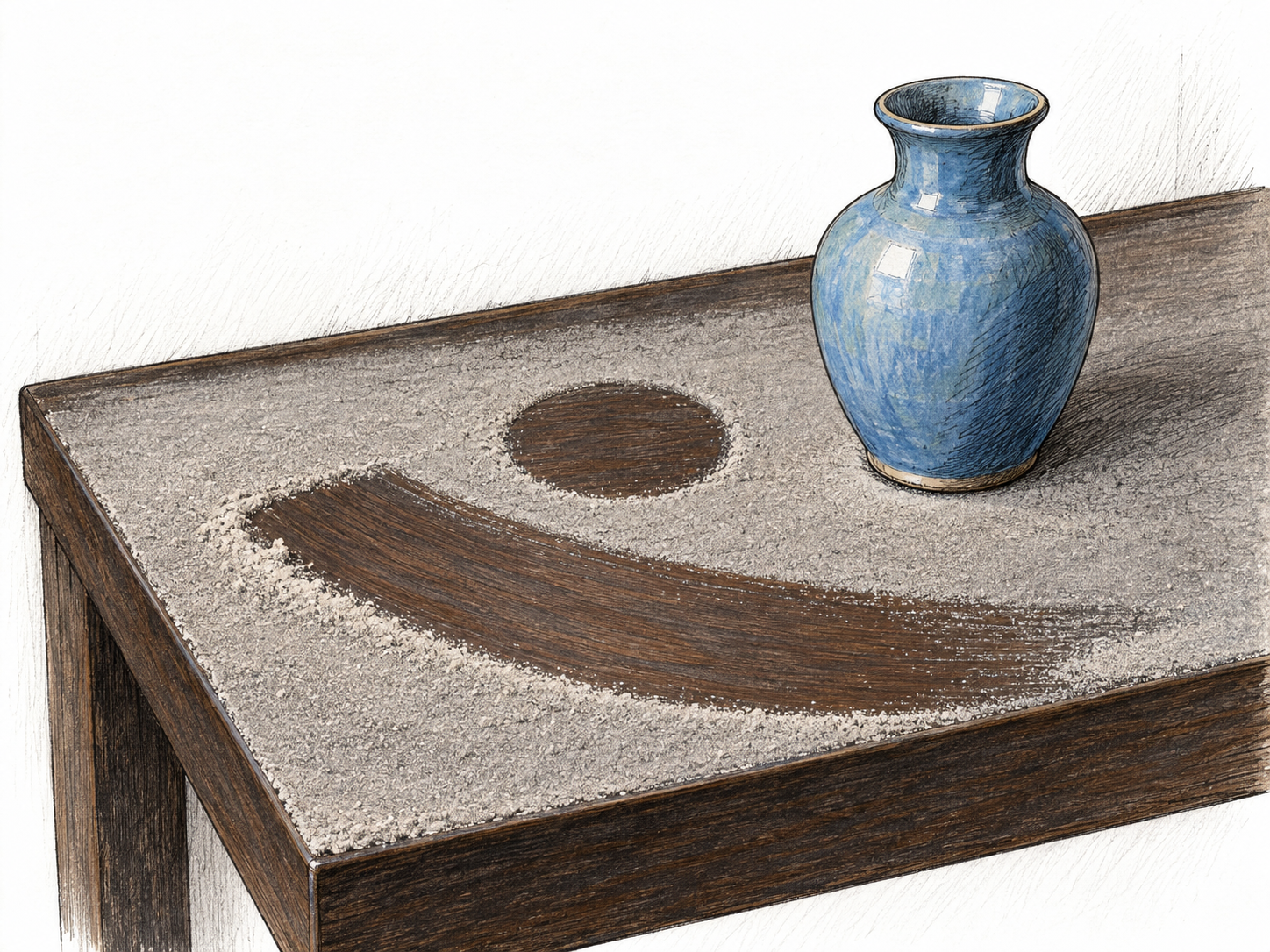 A dark wooden shelf coated with fine gray dust, with a broad wiped streak exposing clean wood and a small plain vase leaving a clean circular footprint where it has been moved.