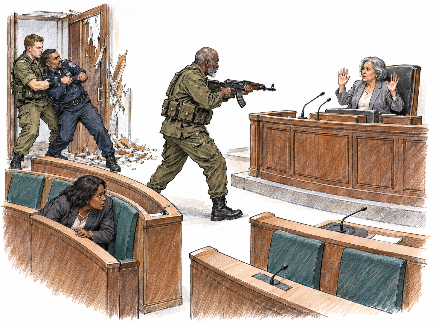 Armed military insurgents force their way into a parliamentary chamber during a sitting, overpowering its guard and advancing on the presiding government official.