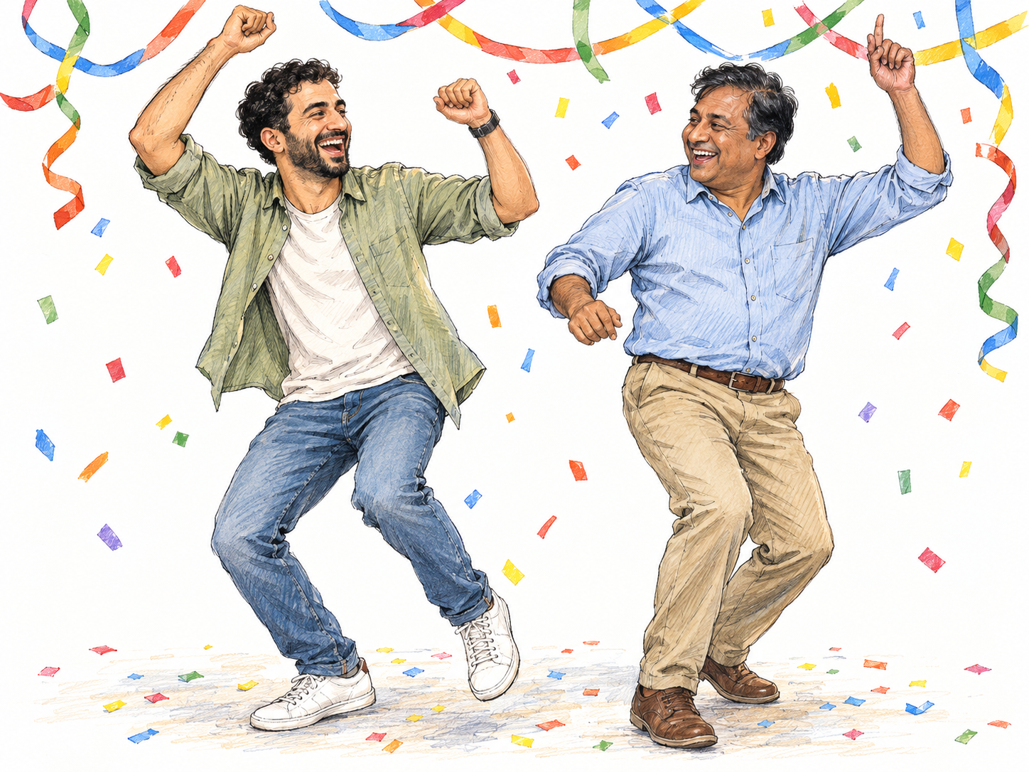 Two friends revel at a party, laughing exuberantly and dancing beneath a few colorful streamers, with confetti falling around them.
