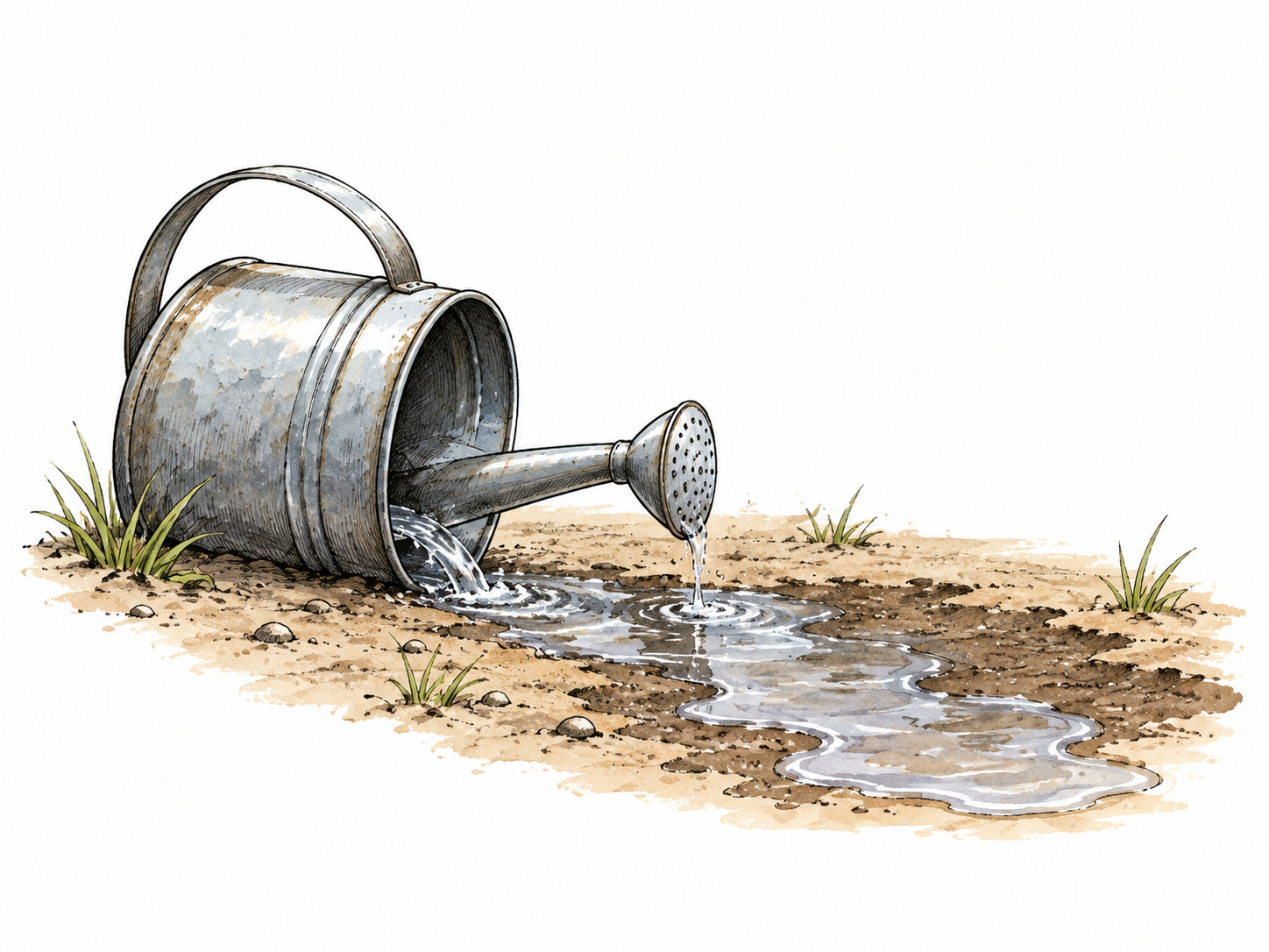 A tipped watering can has spilled water onto a dry patch, showing action and its wet result.