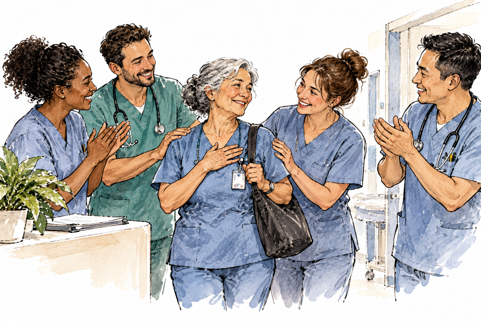 Colleagues greet an older respected nurse warmly with admiring expressions after her work, no signs.