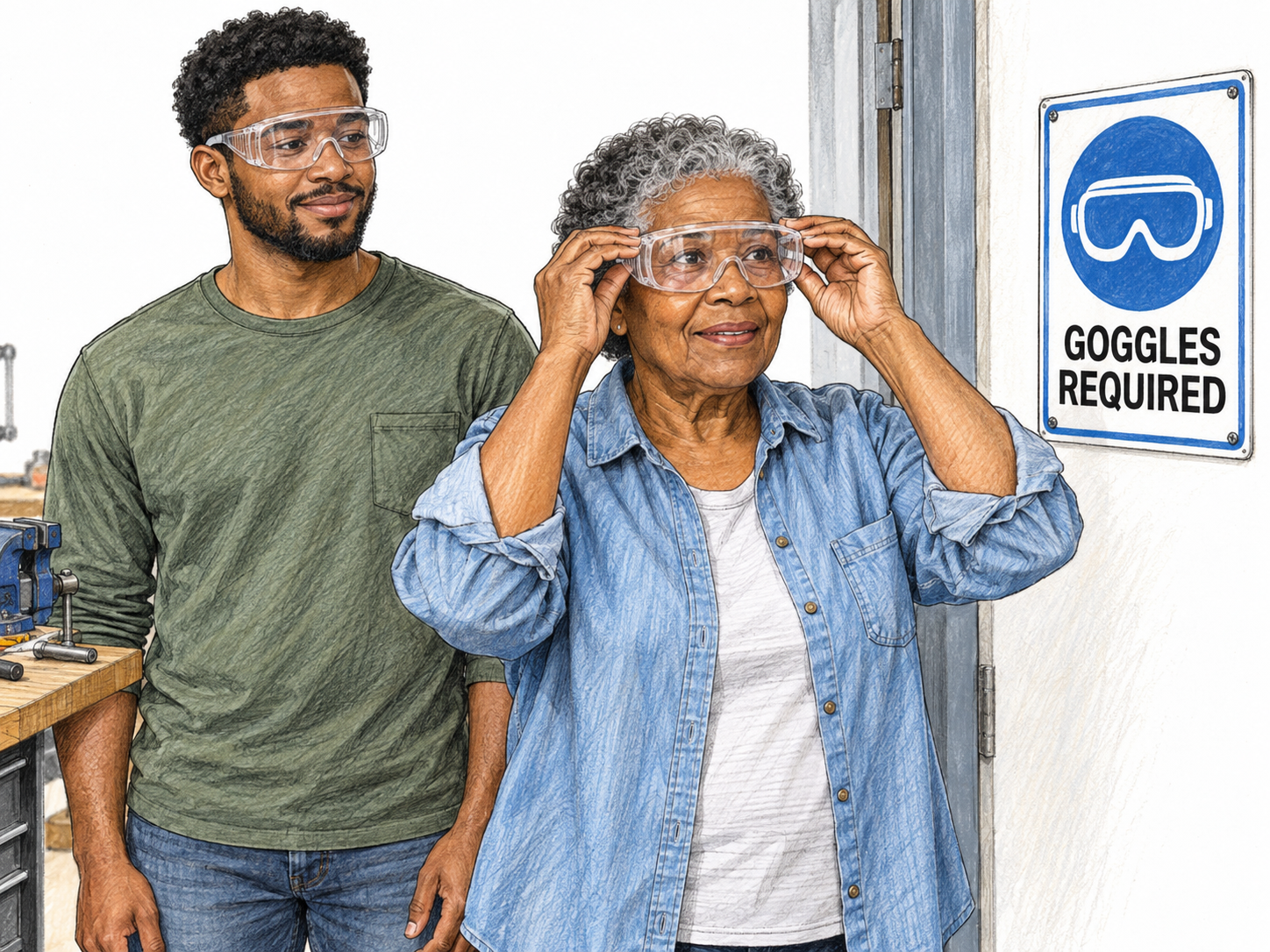 At a workshop entrance, an older woman puts on safety goggles beneath a clearly visible goggles-required sign; a younger man beside her already wears them.