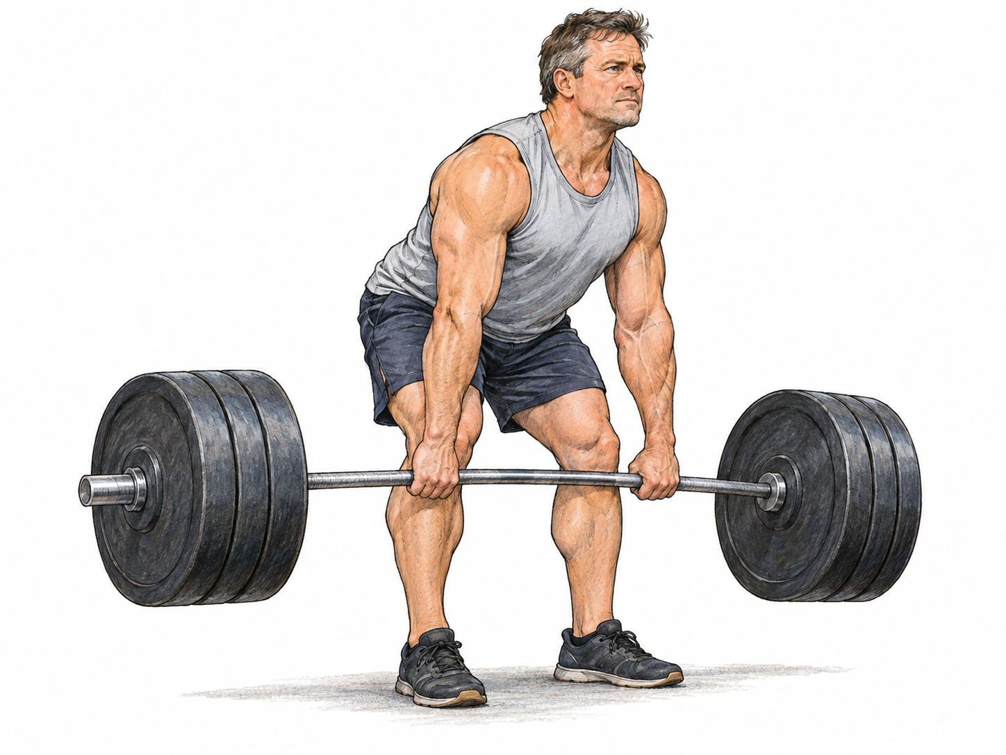 A muscular middle-aged man deadlifts a heavily loaded barbell, making physical strength visible through substantial resistance, flexed muscles and controlled exertion.