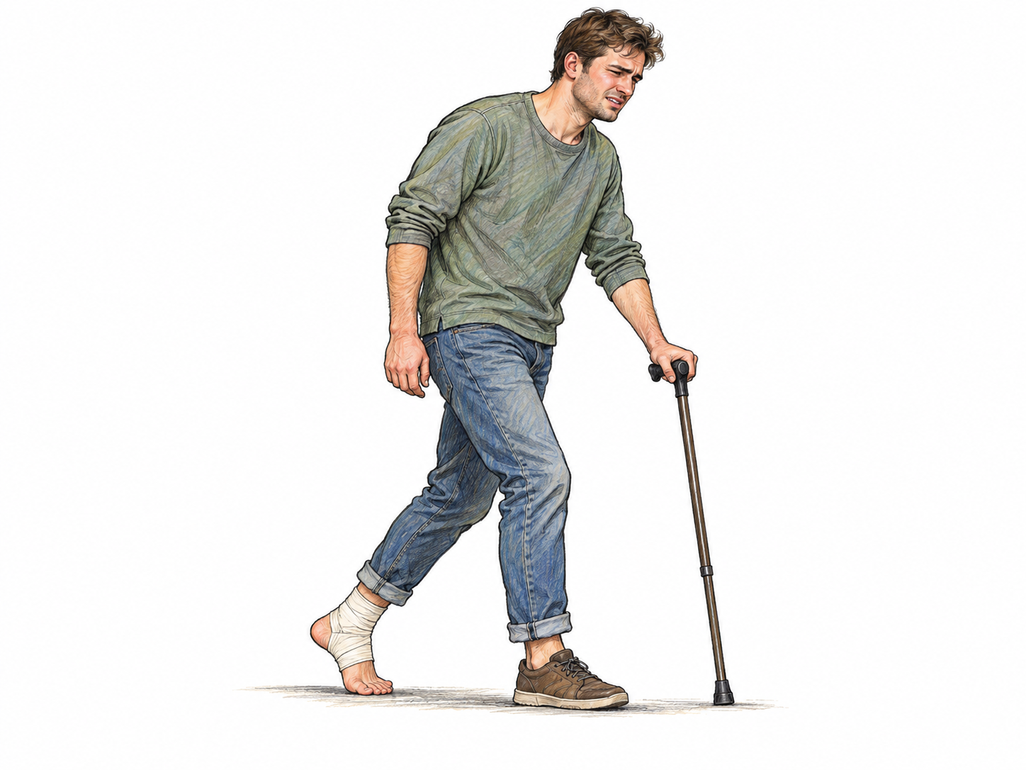 A young man takes a visibly uneven, painful step, keeping weight off a bandaged ankle while leaning on a cane.